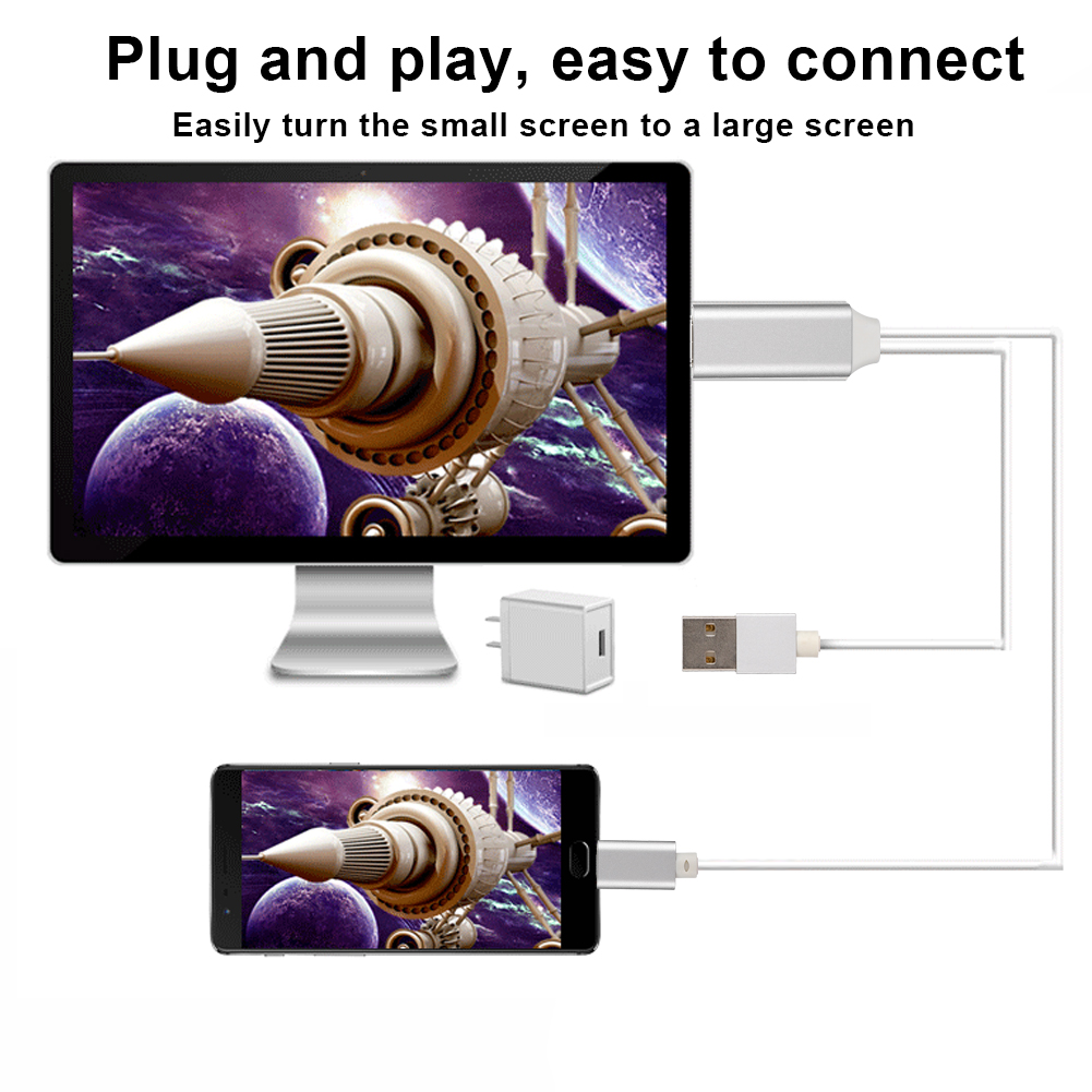Ein Monitor und ein Telefon sind mit einem Gerät verbunden und zeigen eine Weltraumszene. Kabel und ein Netzteil sind ebenfalls vorhanden.