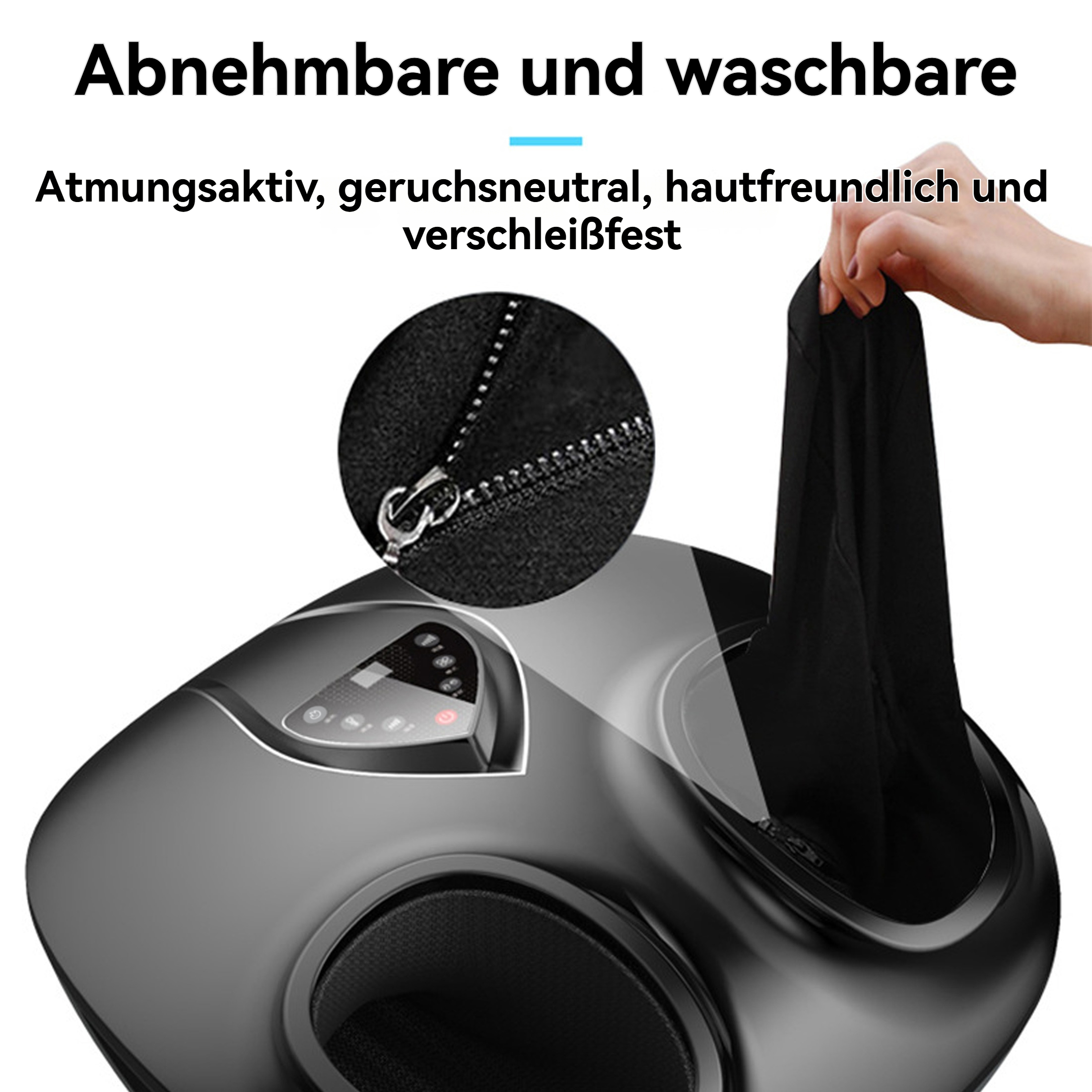 Eine Hand zieht einen abnehmbaren schwarzen Stoff aus einem schwarzen Fußmassagegerät.