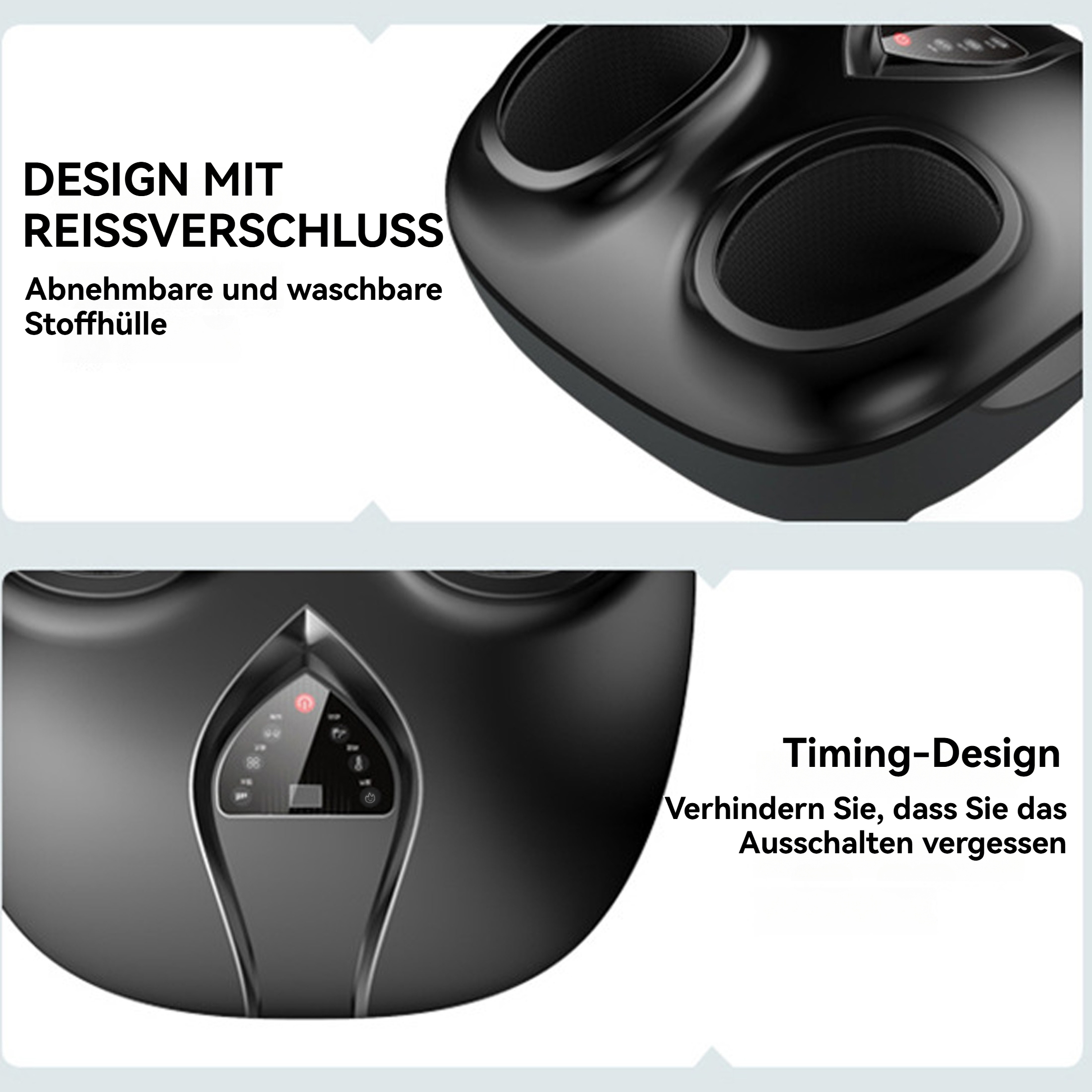 Fußmassagegerät mit zwei Öffnungen und einem Bedienfeld. Schwarz. Deutsche Textbeschriftung. Nahaufnahme.
