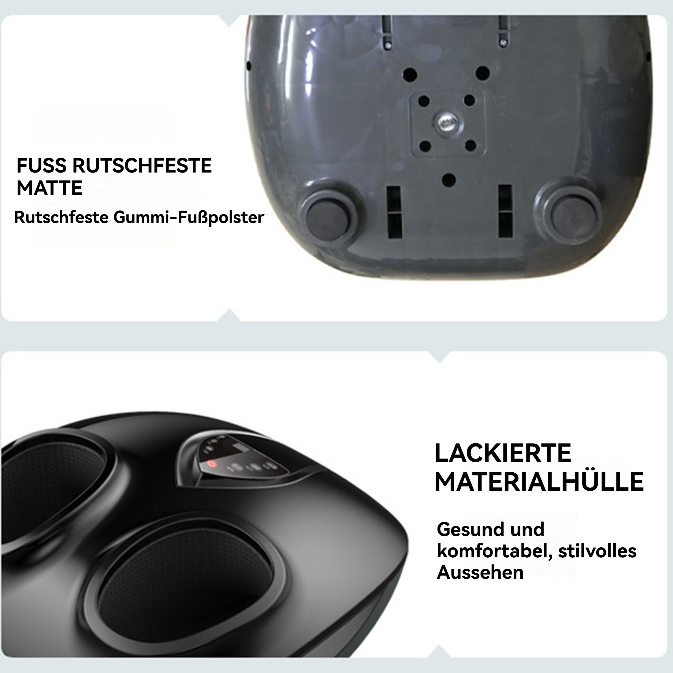 Das Bild zeigt die Unterseite eines Fußmassagegeräts mit Gummifüßen. Schwarz und grau mit Text auf Deutsch.