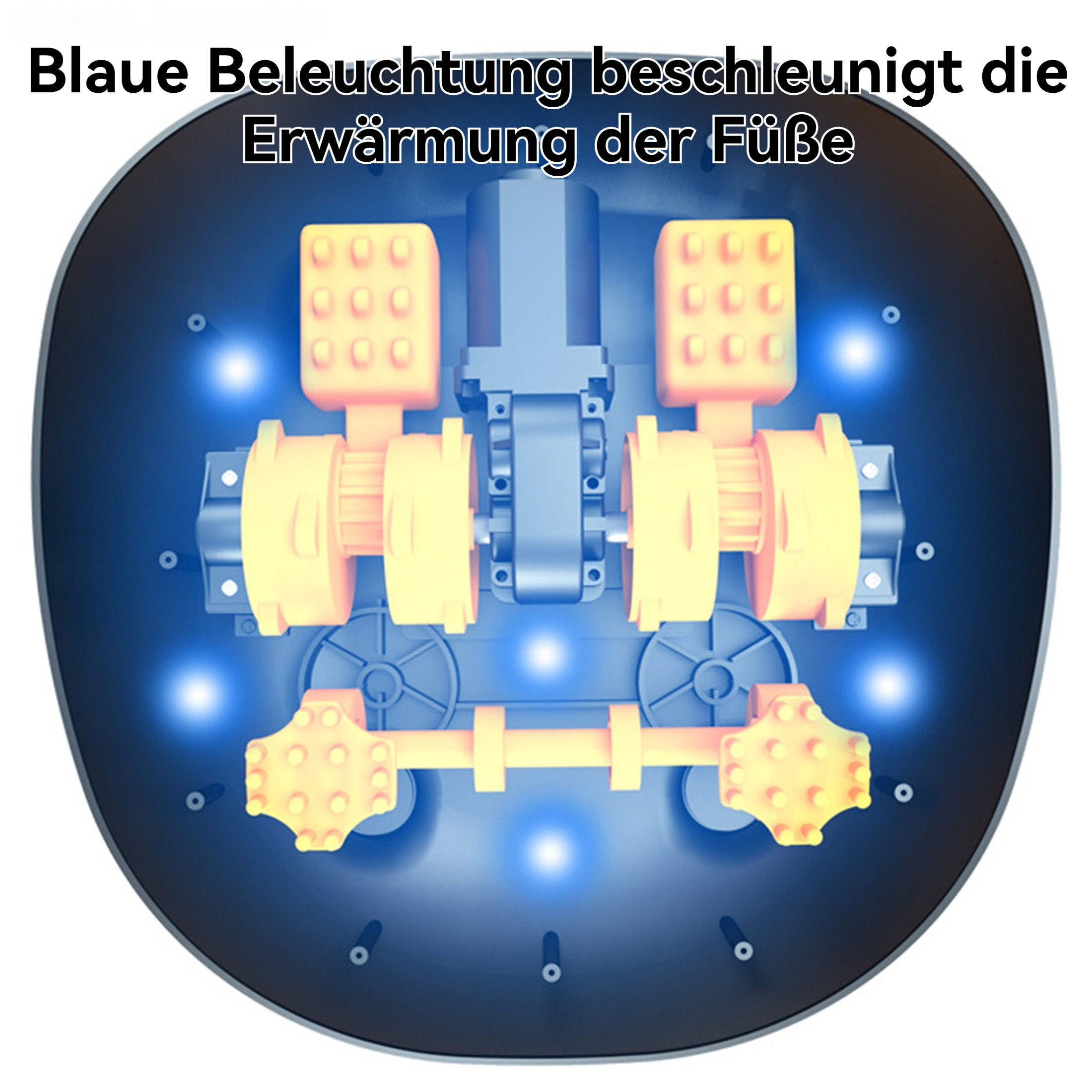 Fußmassagegerät mit blauen Lichtern und gelben Rollen, Draufsicht. Text auf Deutsch.