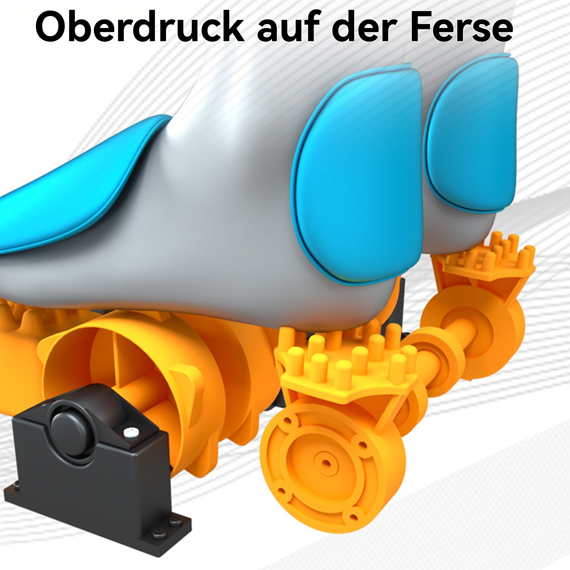 Nahaufnahme eines Rollschuhs mit orangenen Rädern und einem blau-weißen Schuh, schräge Ansicht. Text auf Deutsch.