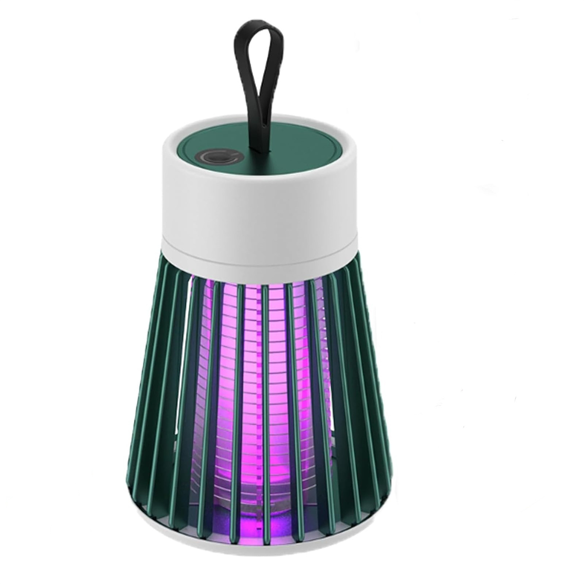 Ein kleiner grüner und weißer Moskitofänger gibt violettes Licht ab.