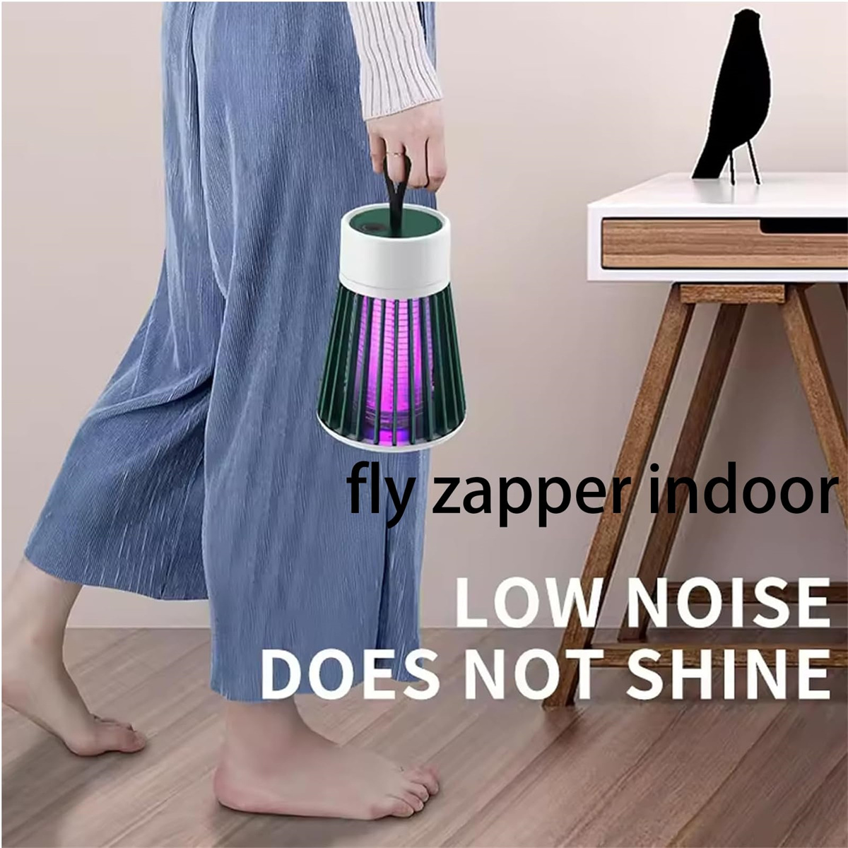 Eine Person hält einen Moskitofänger. Text auf dem Bild lautet 'fly zapper indoor'.