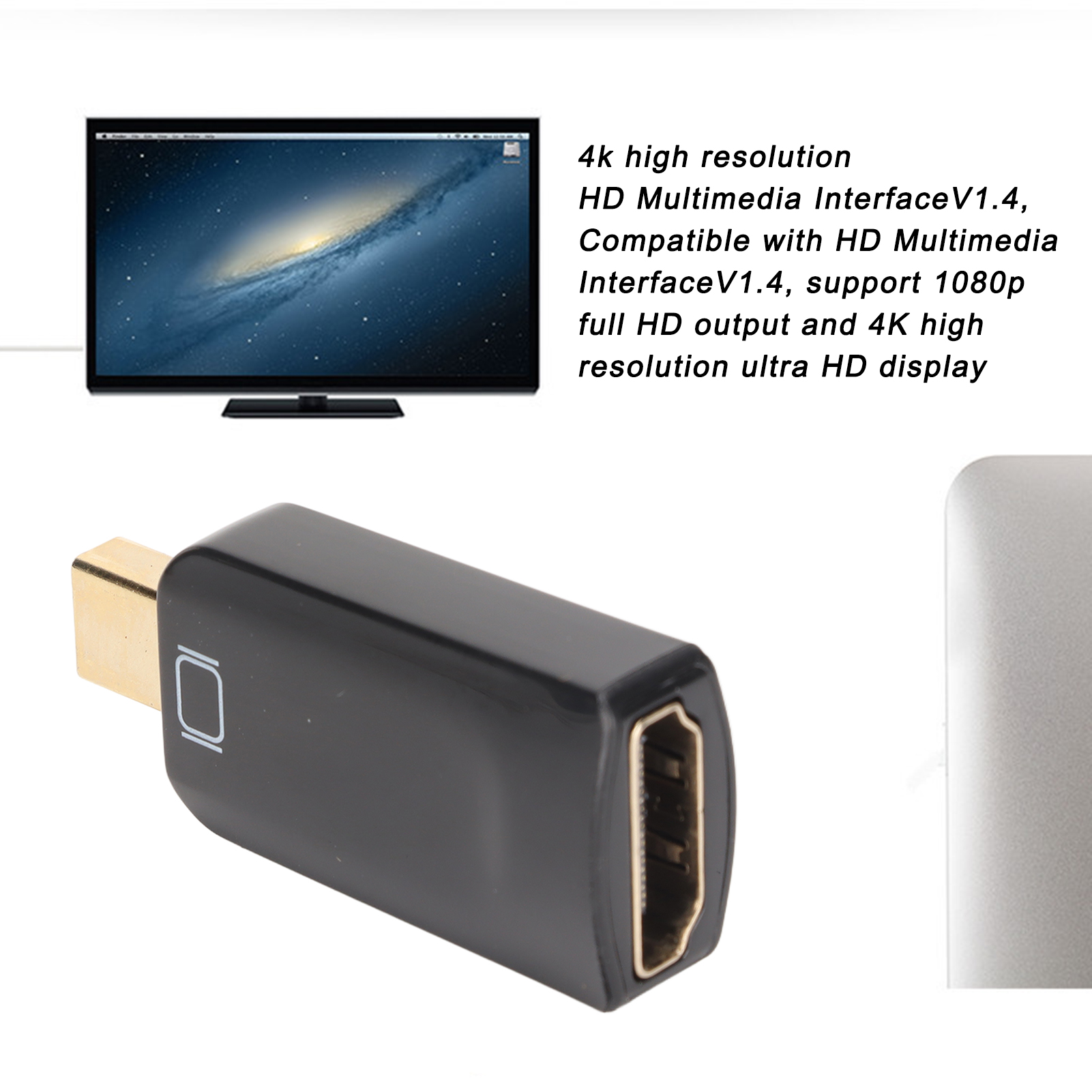 Ein Adapter, der mit einem Bildschirm verbunden ist, mit Text, der die Funktionen beschreibt, auf weißem Hintergrund.