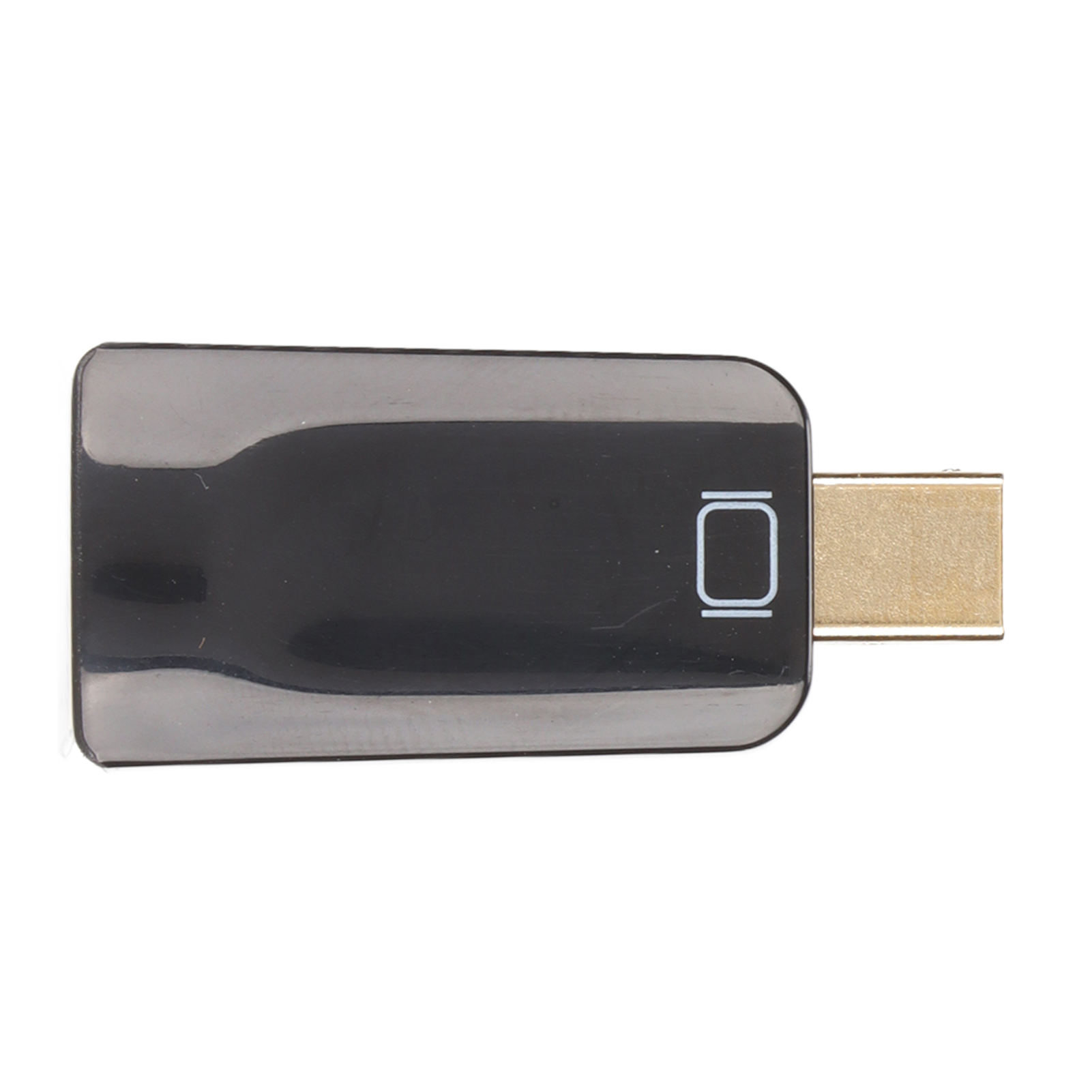 Ein schwarzer Adapter mit einem goldenen Stecker und dem IO-Logo.