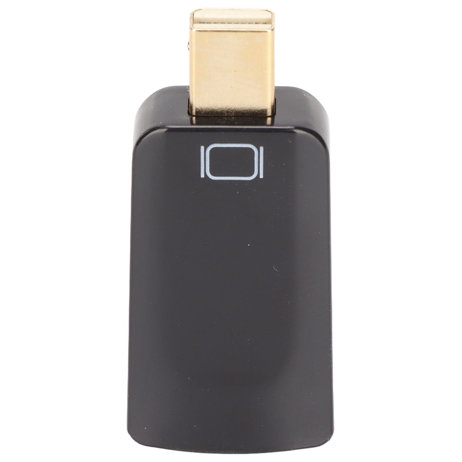 Ein schwarzer Adapter mit einem goldenen Stecker und dem IO-Logo.