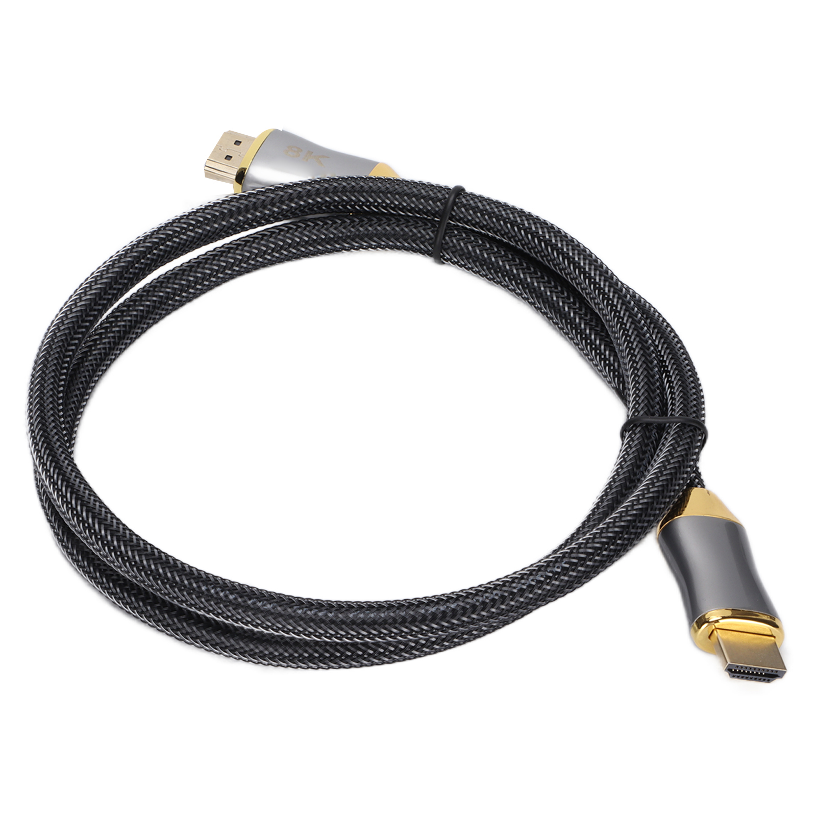 Schwarzes HDMI-Kabel mit goldenen Anschlüssen und einem geflochtenen Kabel.
