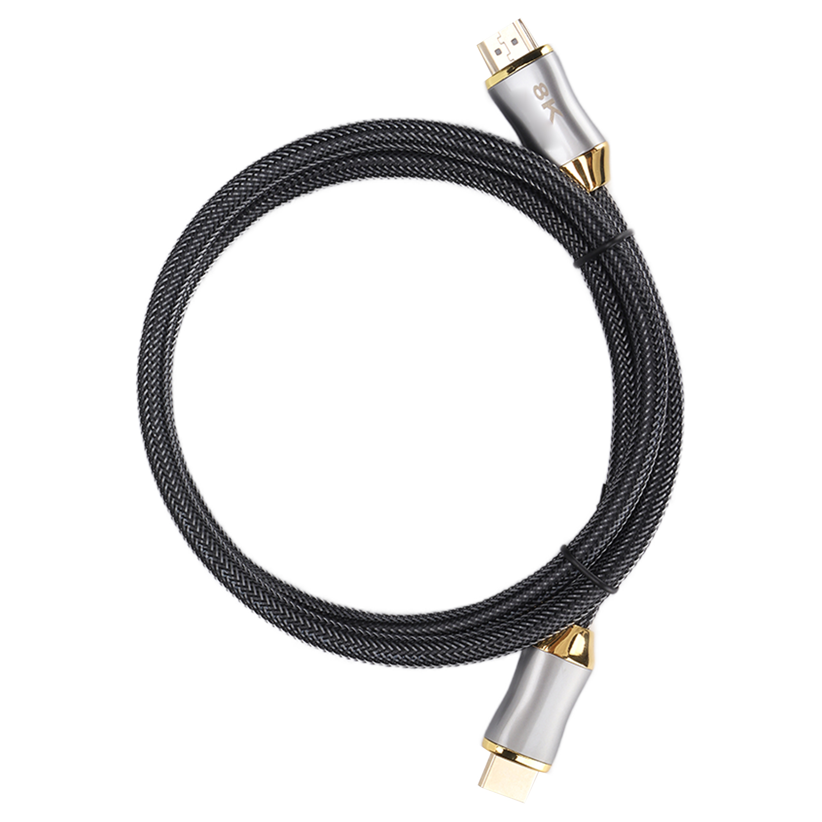 Ein HDMI-Kabel mit goldenen Anschlüssen und einem schwarzen geflochtenen Kabel.