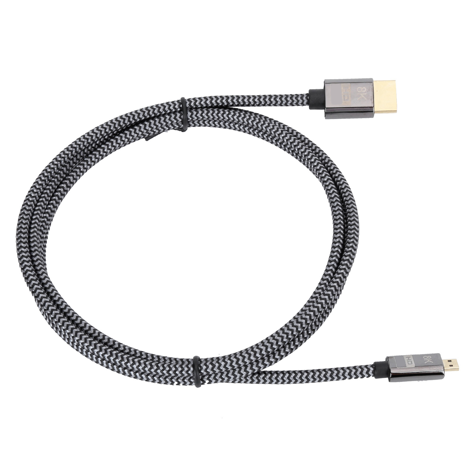 Schwarz-graues geflochtenes HDMI-Kabel, aufgerollt. Silberne Stecker an beiden Enden.