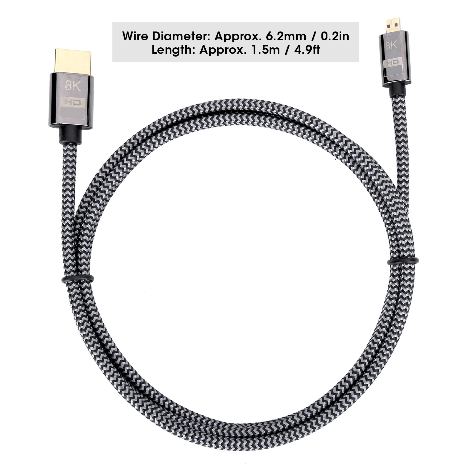 Aufgerolltes HDMI-Kabel. Schwarz-weiß geflochtenes Kabel mit silbernen Steckern. Text zeigt Durchmesser.