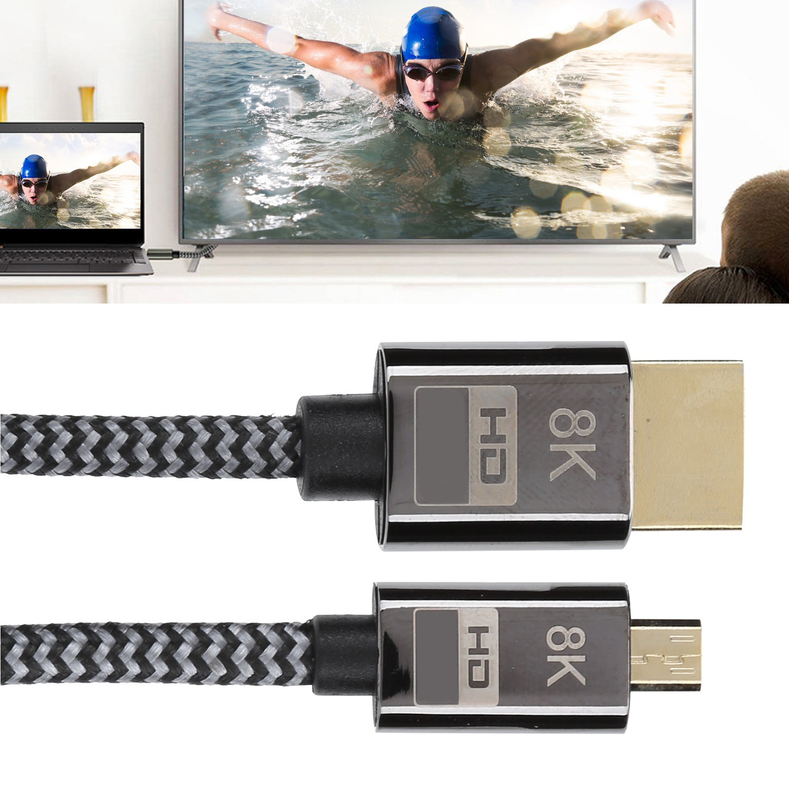 HDMI-Kabelanschluss. Ein Laptop-Bildschirm zeigt einen Schwimmer. TV zeigt den Schwimmer. Kabel ist verbunden.