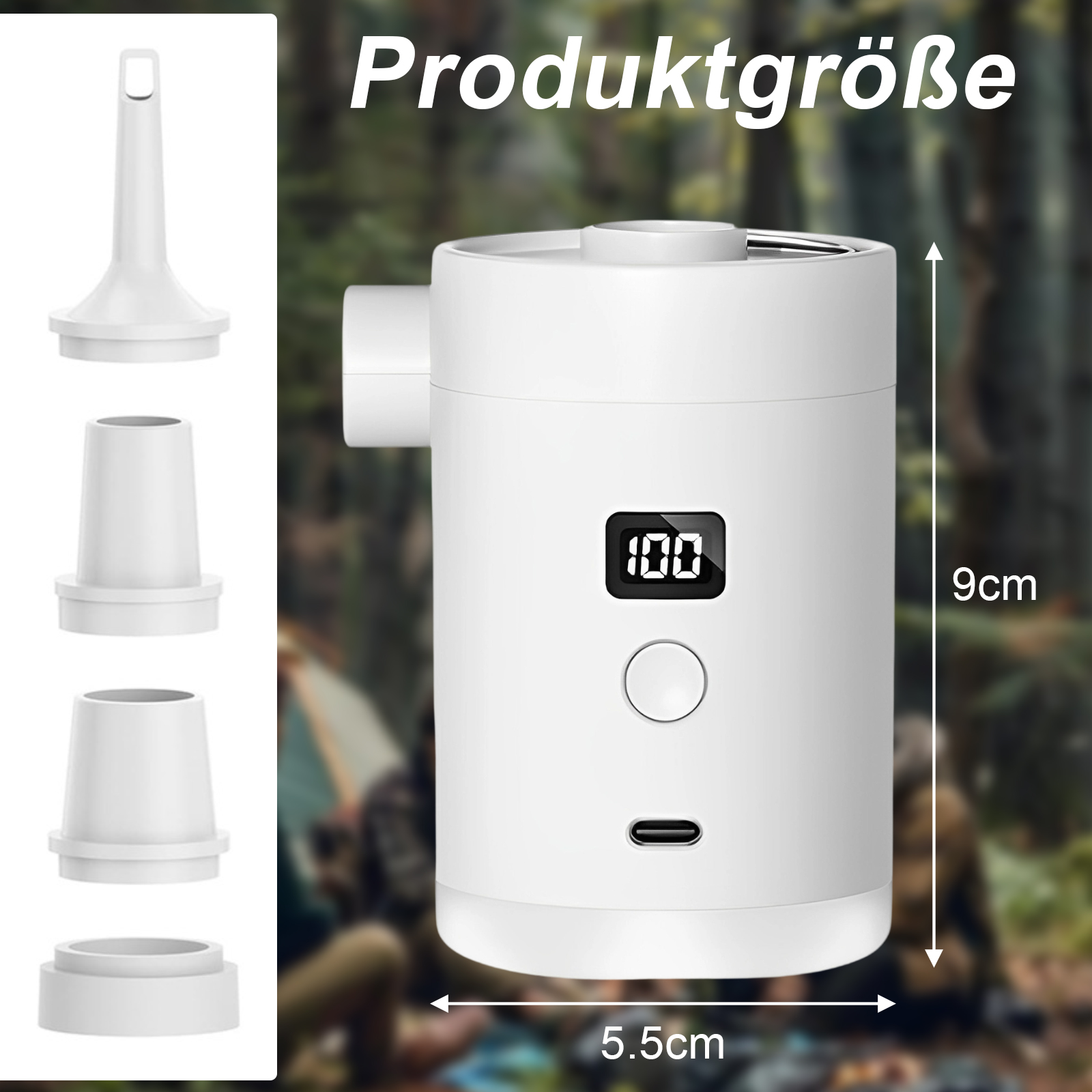 Eine weiße Pumpe mit digitaler Anzeige 100 und mehrere Aufsätze in verschiedenen Größen auf Weiß.