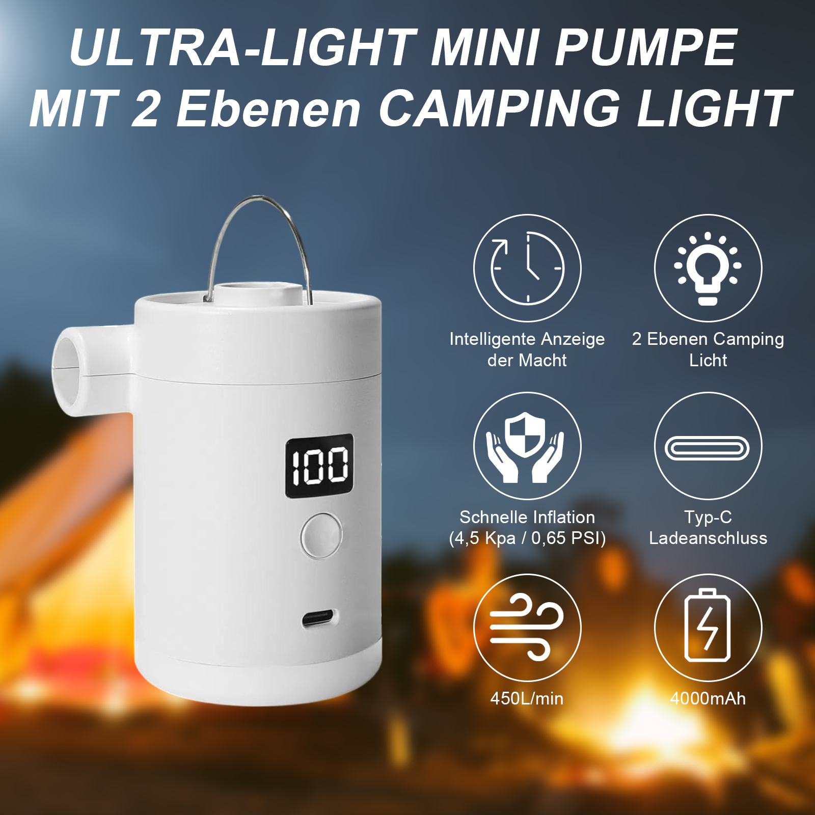 Weiße Mini-Pumpe mit Digitalanzeige 100 und Symbolen für Leistung, Licht und Aufladung.