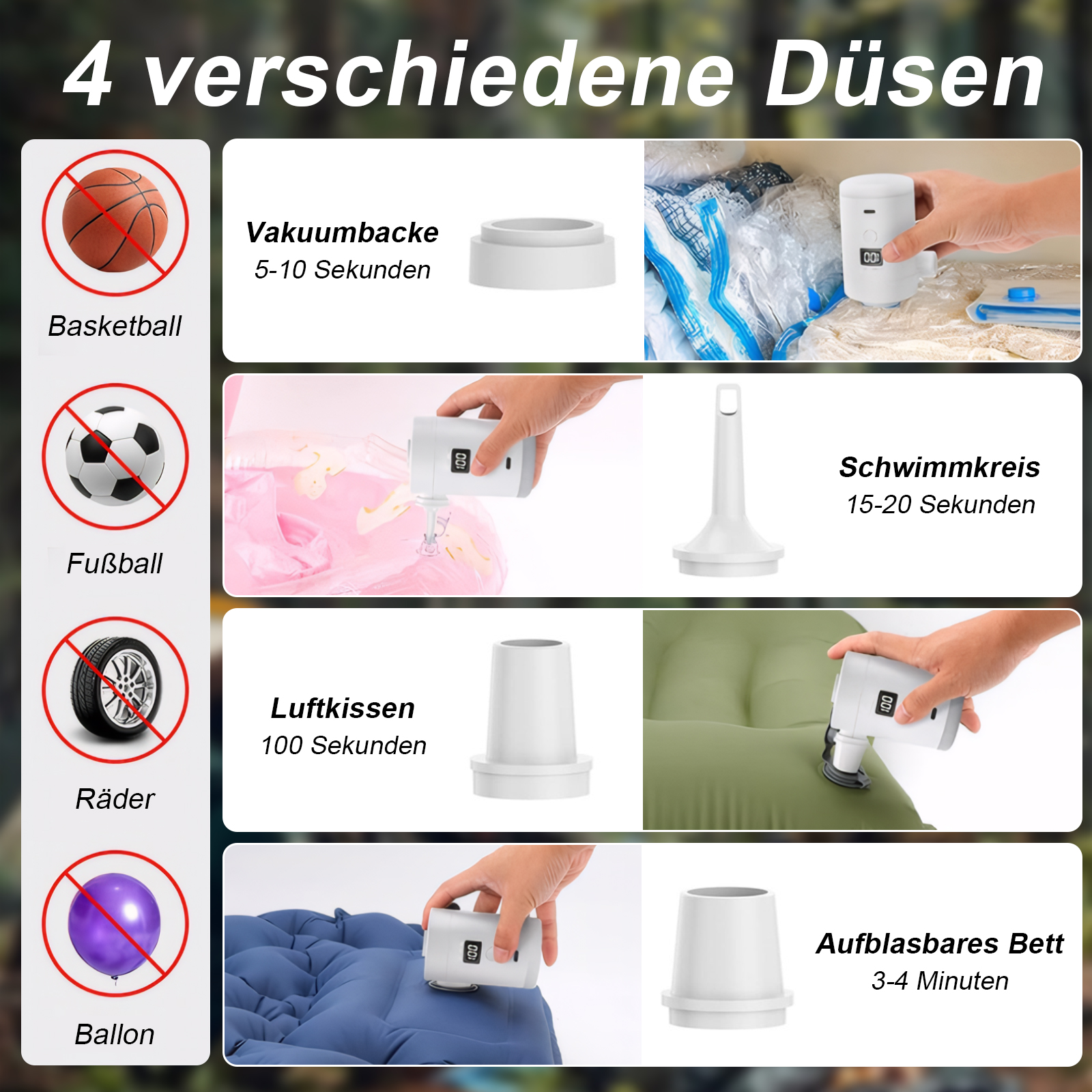 Diagramm, das verschiedene Aufsätze für eine Pumpe zeigt, einschließlich für Basketball, Fußball, Reifen und Ballon.