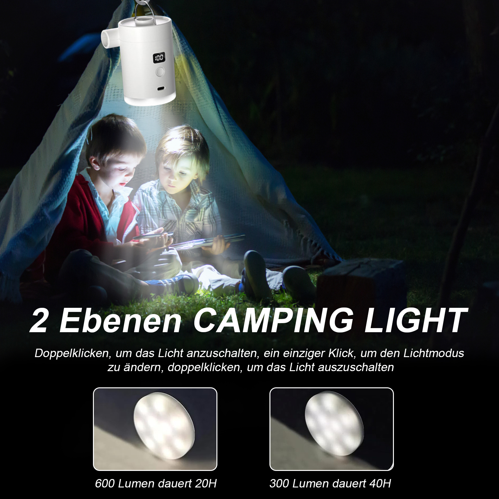 Zwei Kinder unter einem Zelt mit einer Campinglampe. Text sagt Campinglicht mit Lichtmodi und Lumen-Details.
