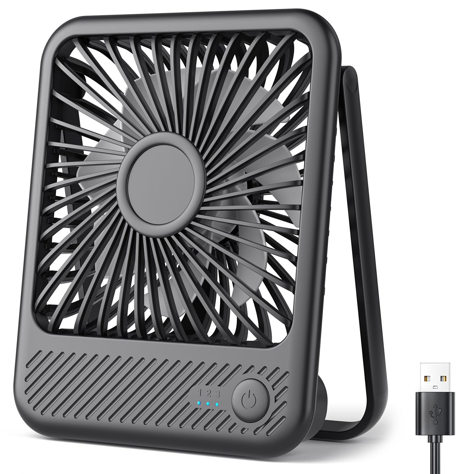 Schwarzer quadratischer Ventilator mit Ein-/Ausschalter, drei Geschwindigkeitsanzeigeleuchten und USB-Kabel.