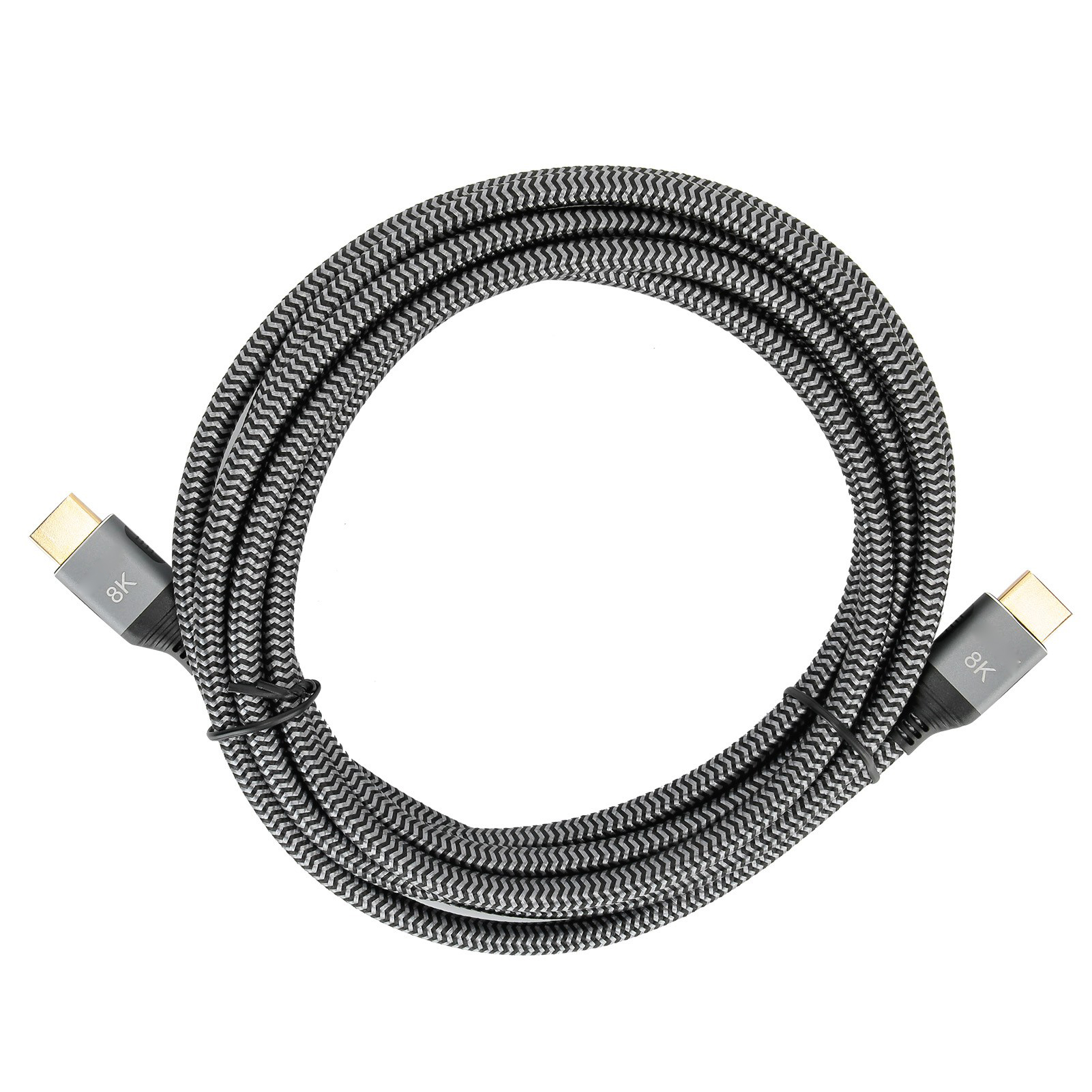 Ein geflochtenes 8K-HDMI-Kabel, auf weißem Hintergrund gerollt, mit Anschlüssen an beiden Enden.