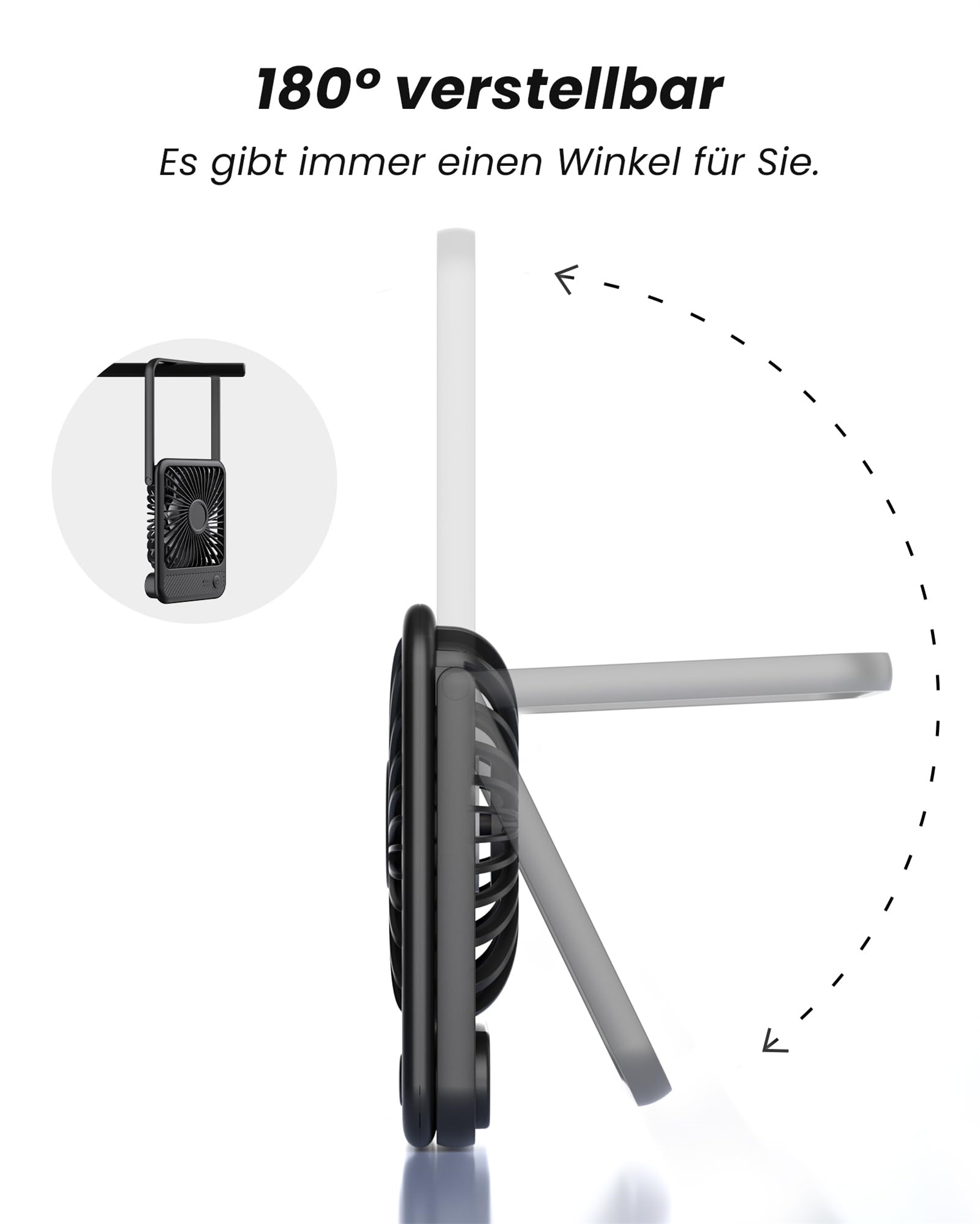 Ein kleiner schwarzer Ventilator mit einstellbarem Winkel, in Gebrauch und in Seitenansicht.