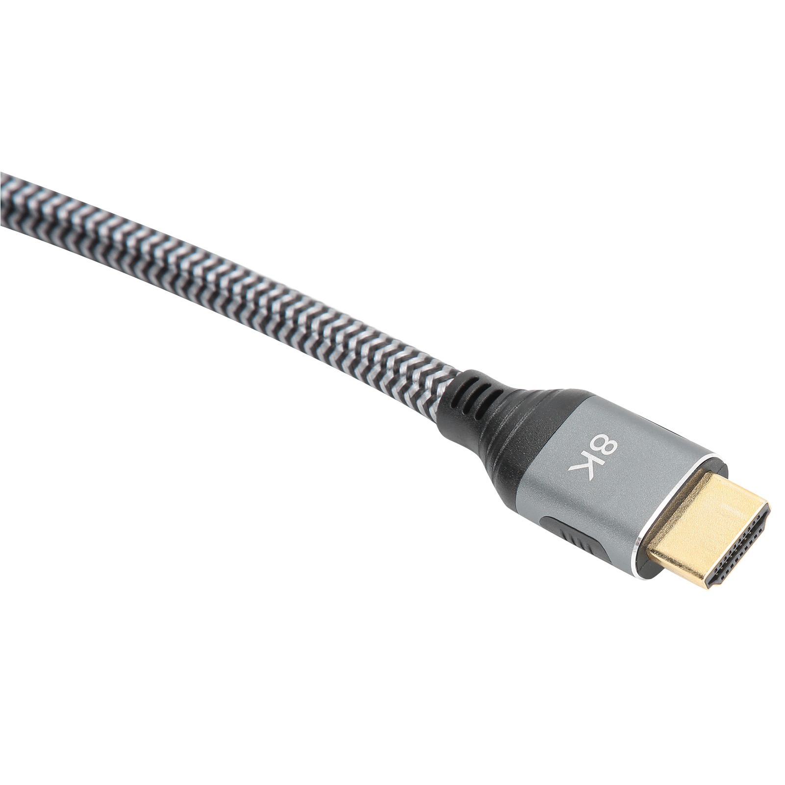 Ein 8K-HDMI-Kabel mit grauem Stecker und einem schwarz-grau geflochtenen Kabel.