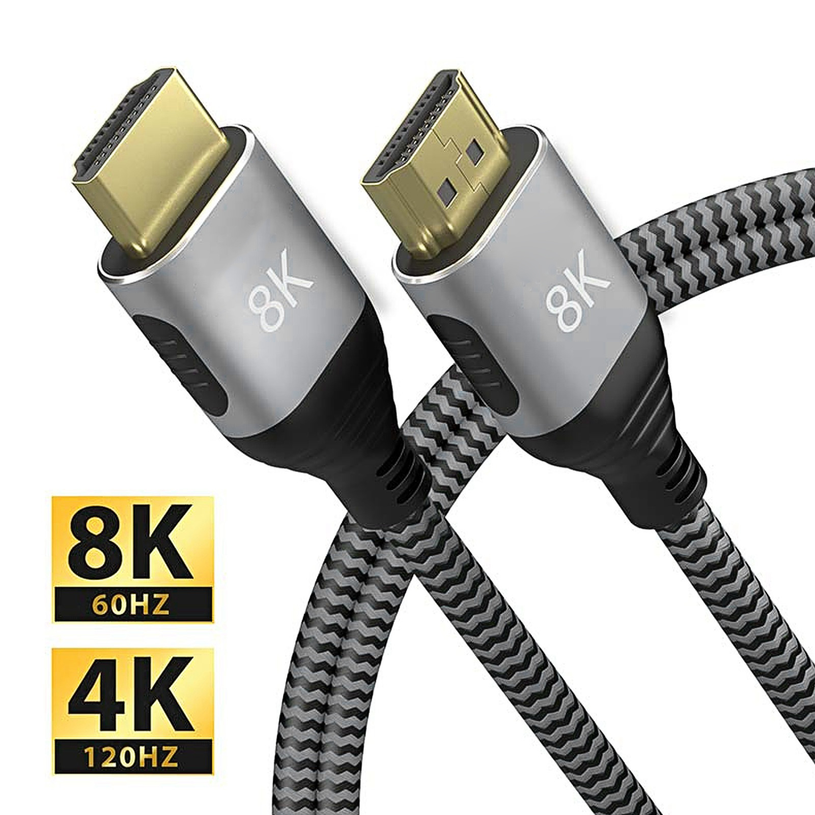 Zwei 8K-HDMI-Kabel mit geflochtenen Kabeln und Goldsteckern, mit 8K- und 4K-Etiketten.