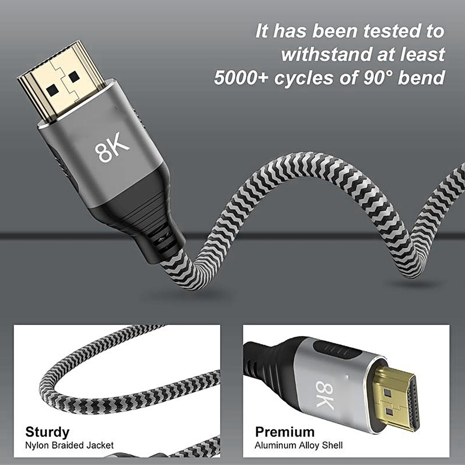 Ein 8K-HDMI-Kabel mit geflochtener Ummantelung und Aluminiumlegierung, mit Nahaufnahmen des Kabels.