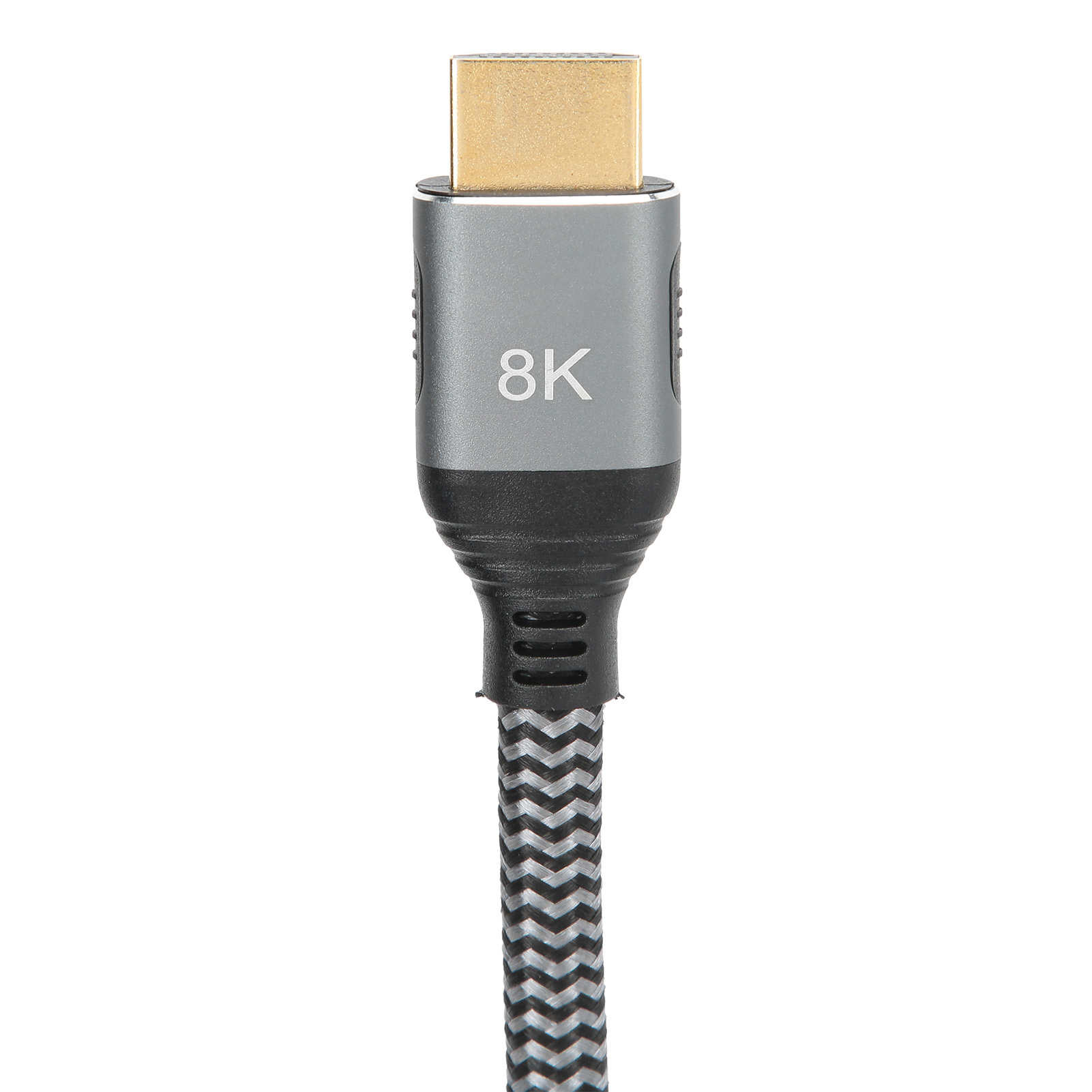 Nahaufnahme eines 8K-HDMI-Kabels mit grauem Stecker und schwarz-grauem Kabel.