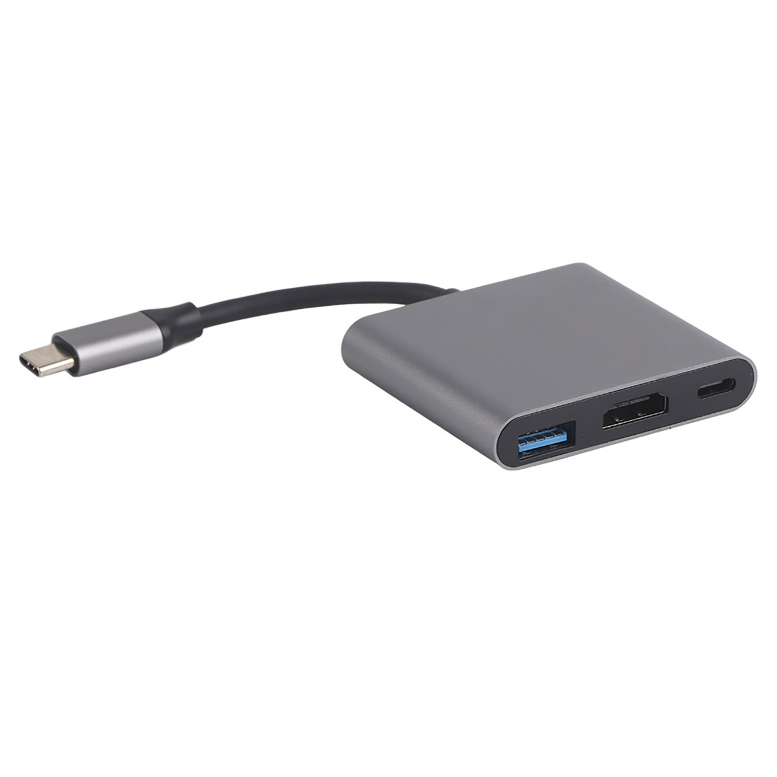 Ein grauer Hub mit USB-, HDMI- und USB-C-Anschlüssen, verbunden mit einem USB-C-Kabel, isoliert auf weißem Hintergrund.