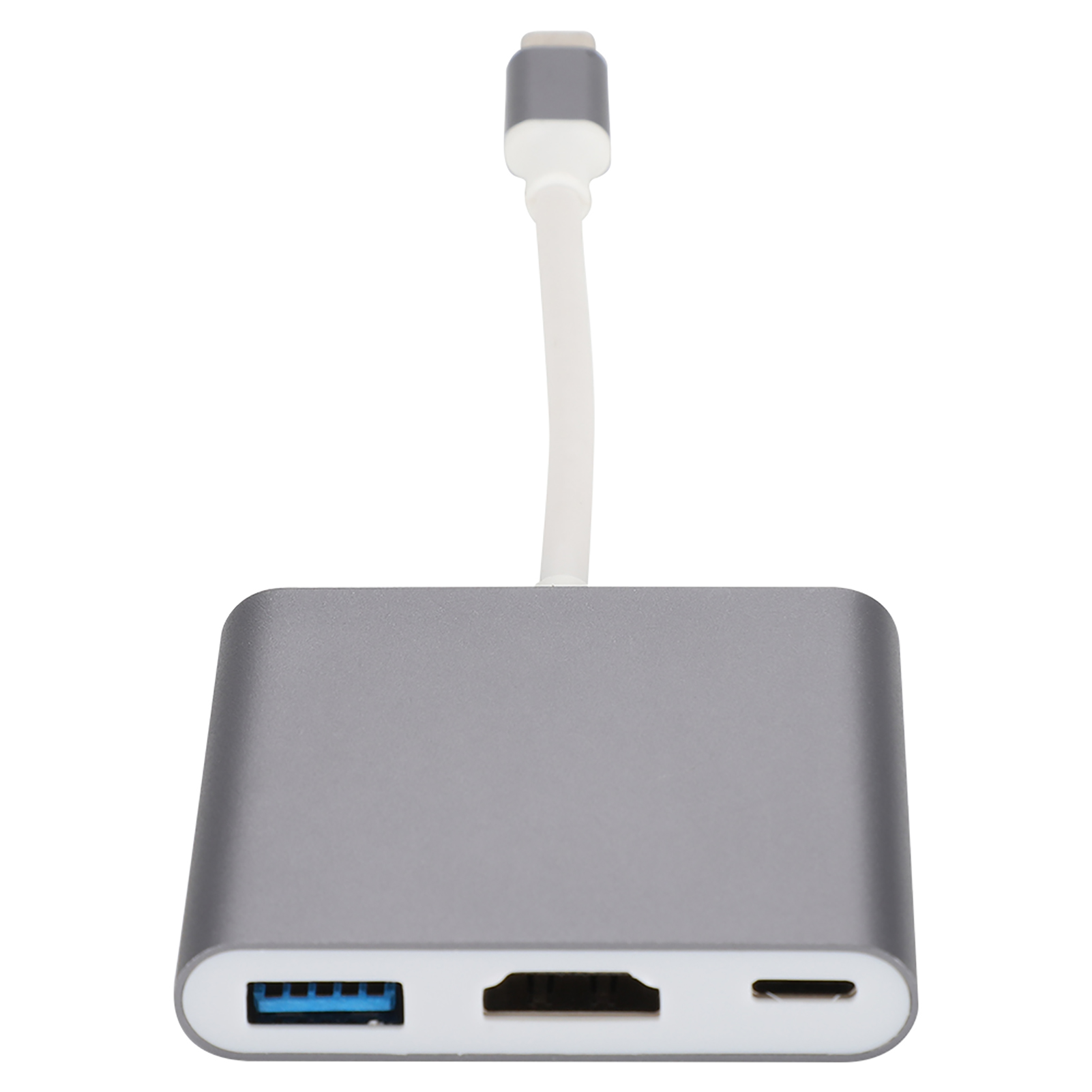 Ein grauer Hub mit USB-, HDMI- und USB-C-Anschlüssen, verbunden mit einem USB-C-Kabel, isoliert auf weißem Hintergrund.