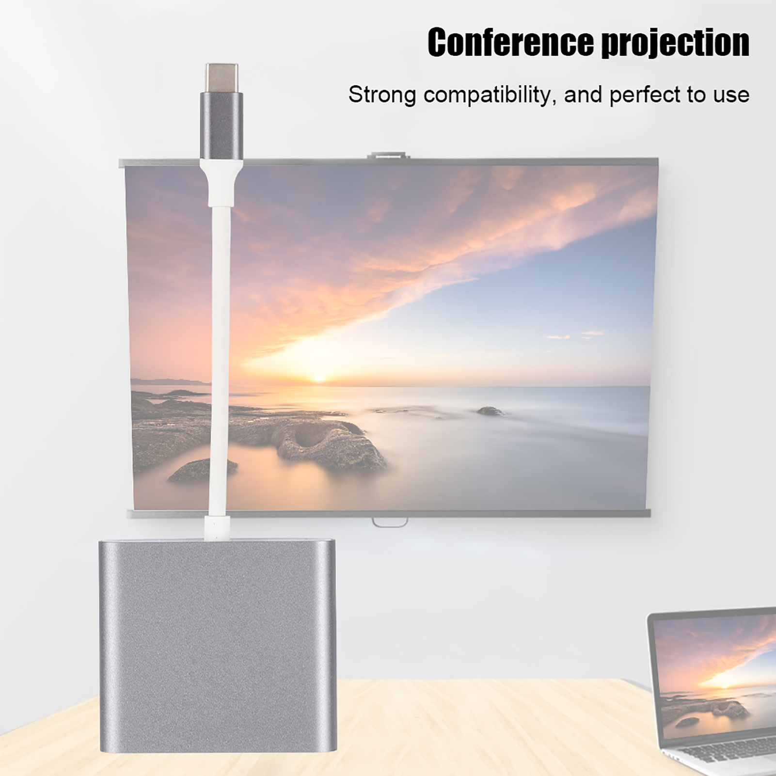 Ein grauer Hub, der mit einem Laptop und einem Projektor verbunden ist. Projektionsfläche im Hintergrund. Text: 'Konferenzprojektion'.