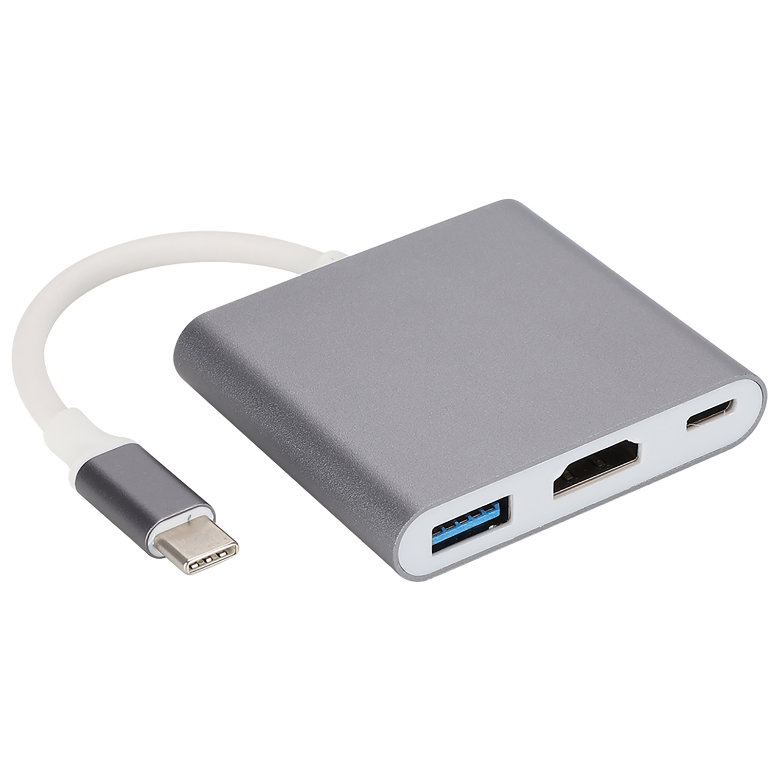 Ein grauer USB-C-Hub mit USB-, HDMI- und USB-C-Anschlüssen, verbunden mit einem weißen Kabel.