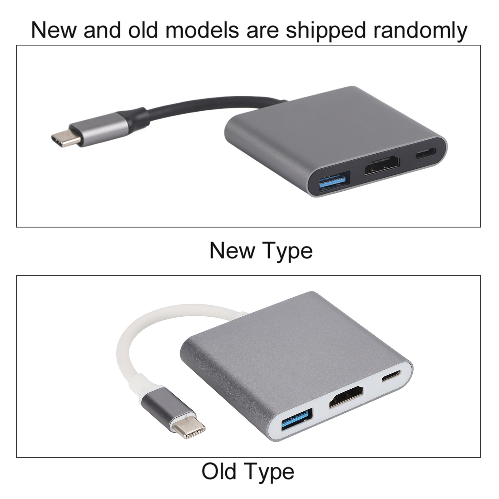 Bild zeigt zwei USB-C-Hubs. Neuer Typ (weißes Kabel) und alter Typ (schwarzes Kabel).