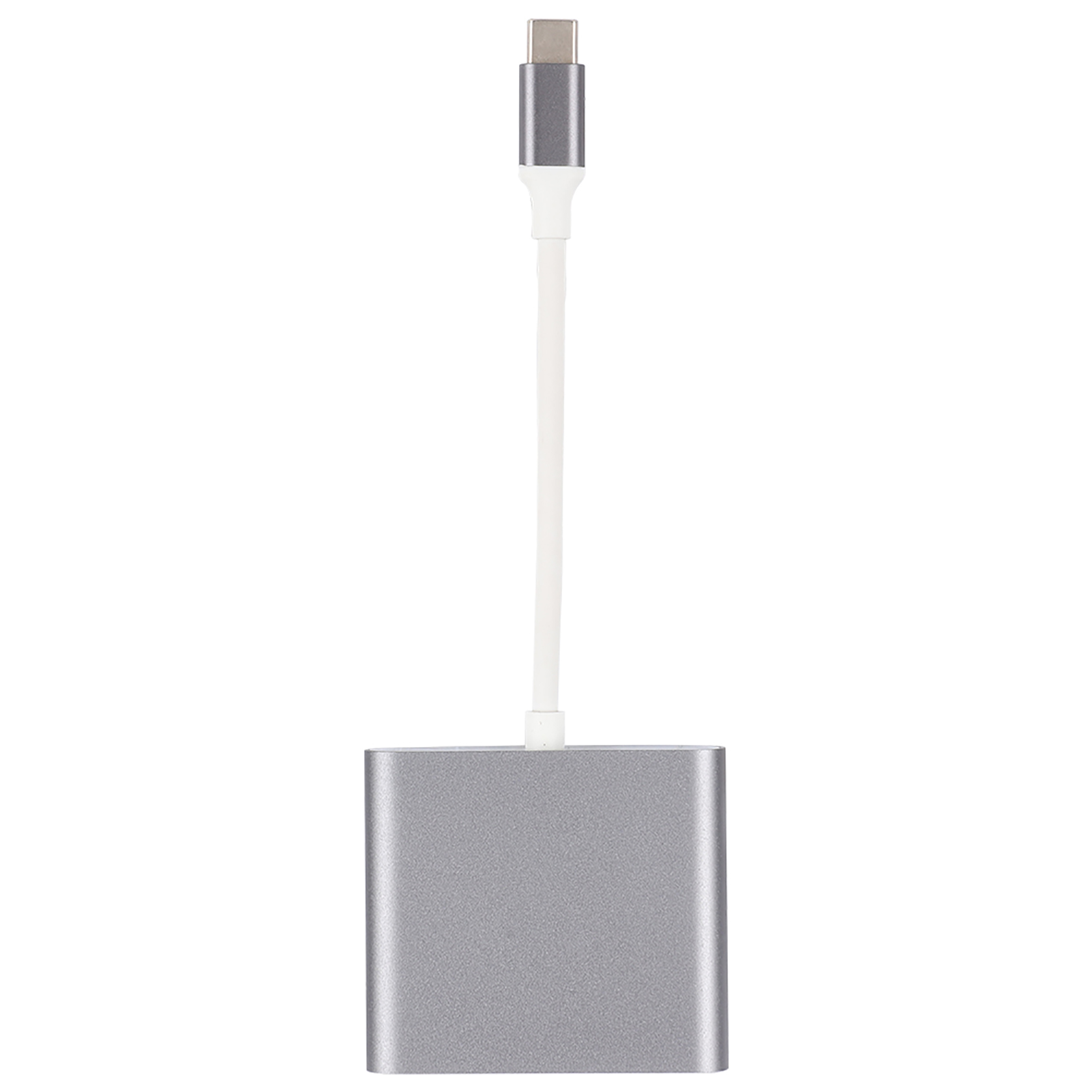 Silberner USB-C-Adapter mit weißem Kabel. Anschluss sichtbar. Weißer Hintergrund.