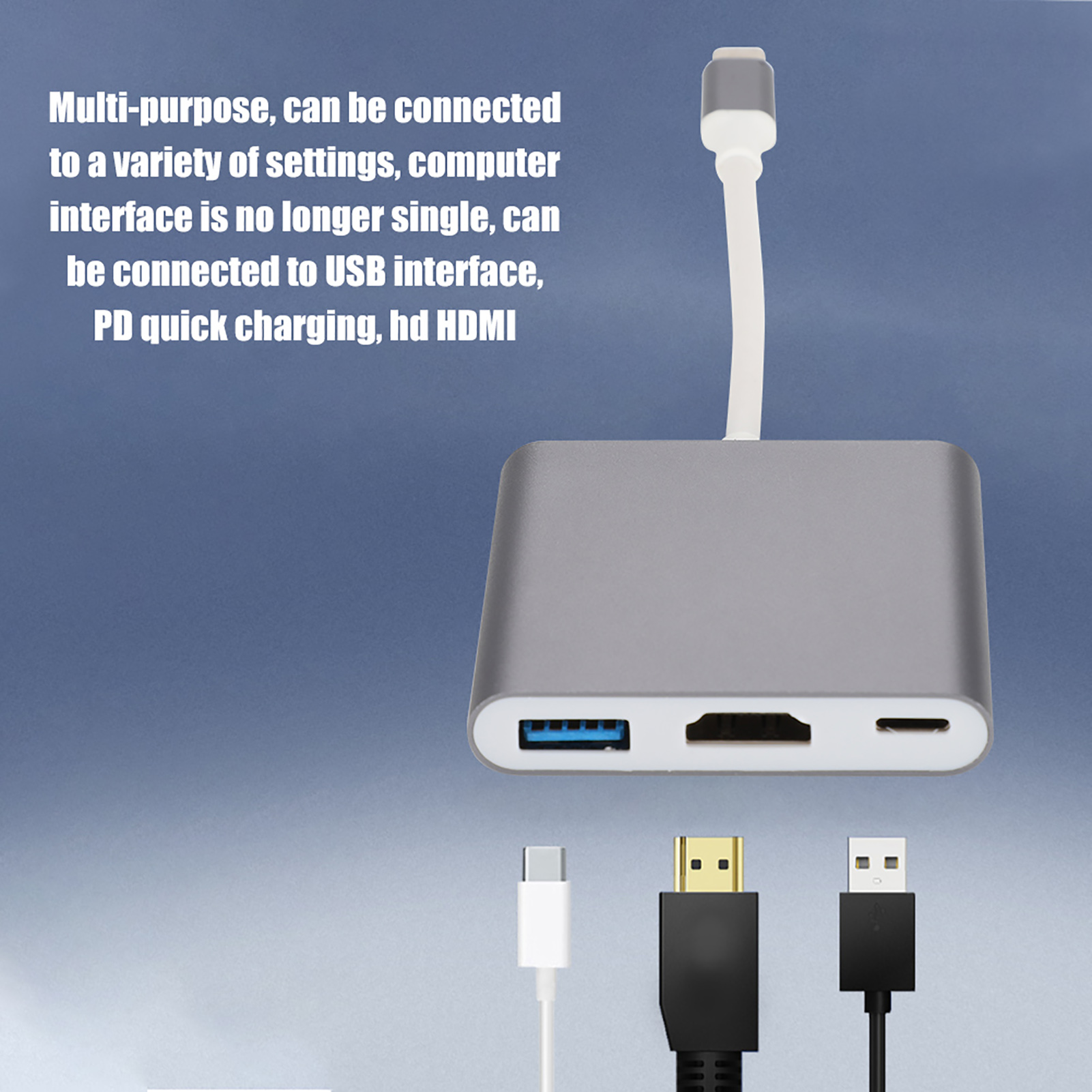 Silberner Adapter mit Anschlüssen und weißem Kabel. Kabel sind sichtbar. Blauer Hintergrund.