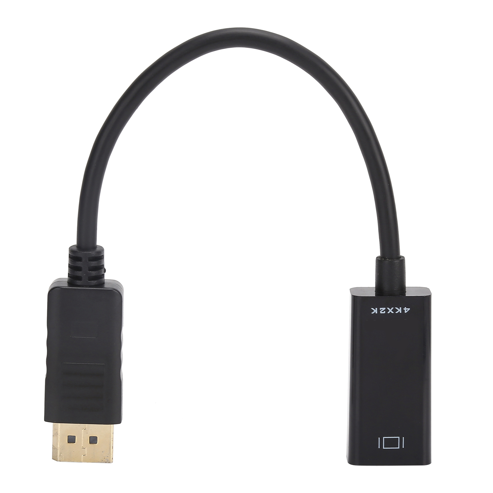 Schwarzes DisplayPort-zu-HDMI-Adapterkabel. Ein Ende DisplayPort, das andere HDMI, mit schwarzem Kabel.