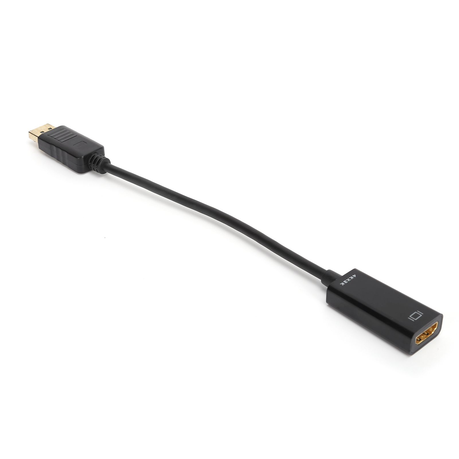 Schwarzes HDMI-zu-DisplayPort-Adapterkabel. Weißer Hintergrund.