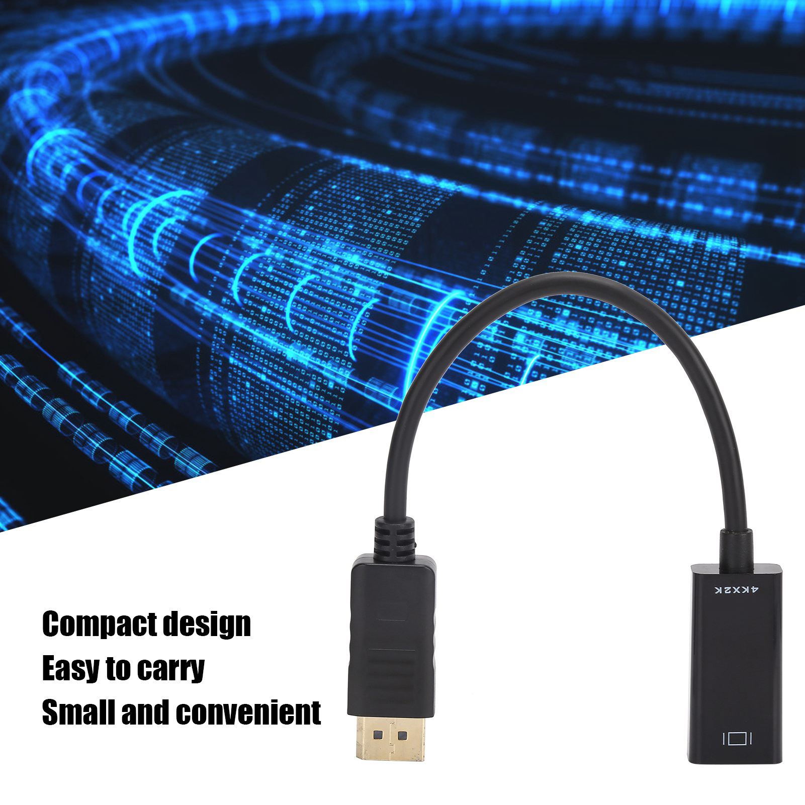 Schwarzes DisplayPort-zu-HDMI-Adapterkabel. Blauer Hintergrund mit digitalem Effekt.