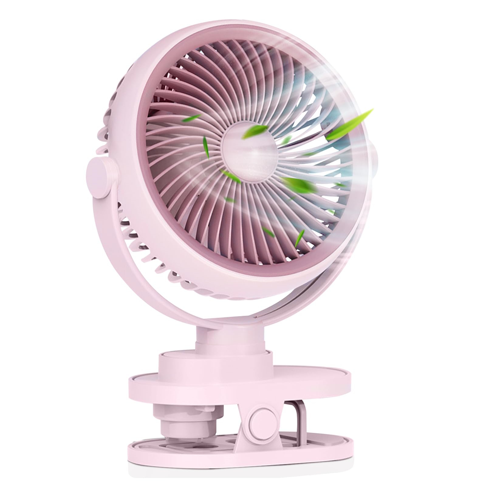 Ein rosa Ventilator mit Clip, Blätter mit einem rosa Ventilator. Der Ventilator ist eingeschaltet.