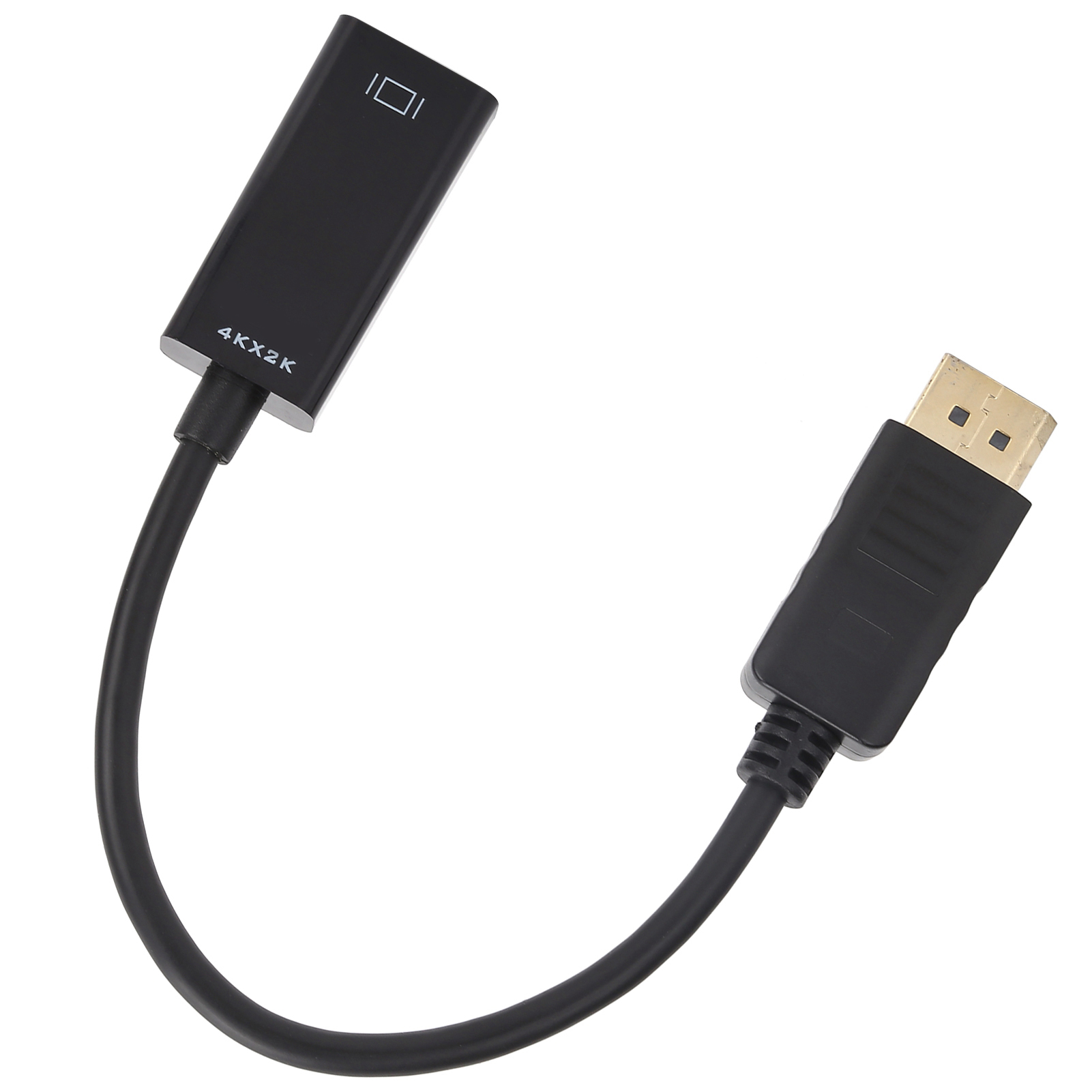 Schwarzes DisplayPort-zu-HDMI-Adapterkabel. Ein Ende DisplayPort, das andere HDMI, mit schwarzem Kabel.