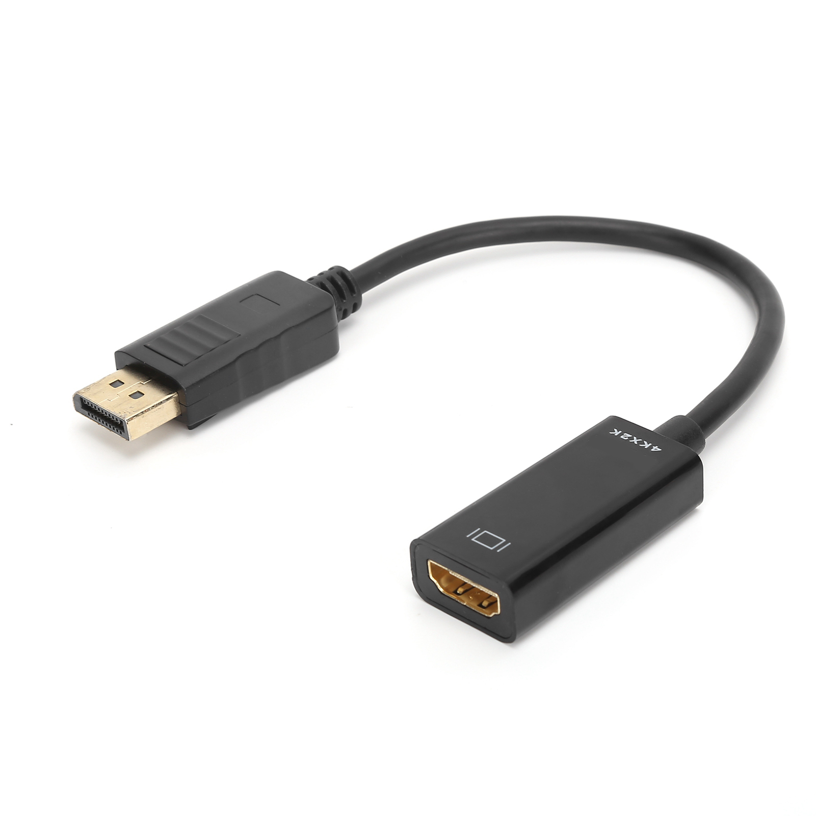 Schwarzes HDMI-Kabel mit zwei Anschlüssen. Einer ist ein DisplayPort, der andere ein HDMI-Anschluss.