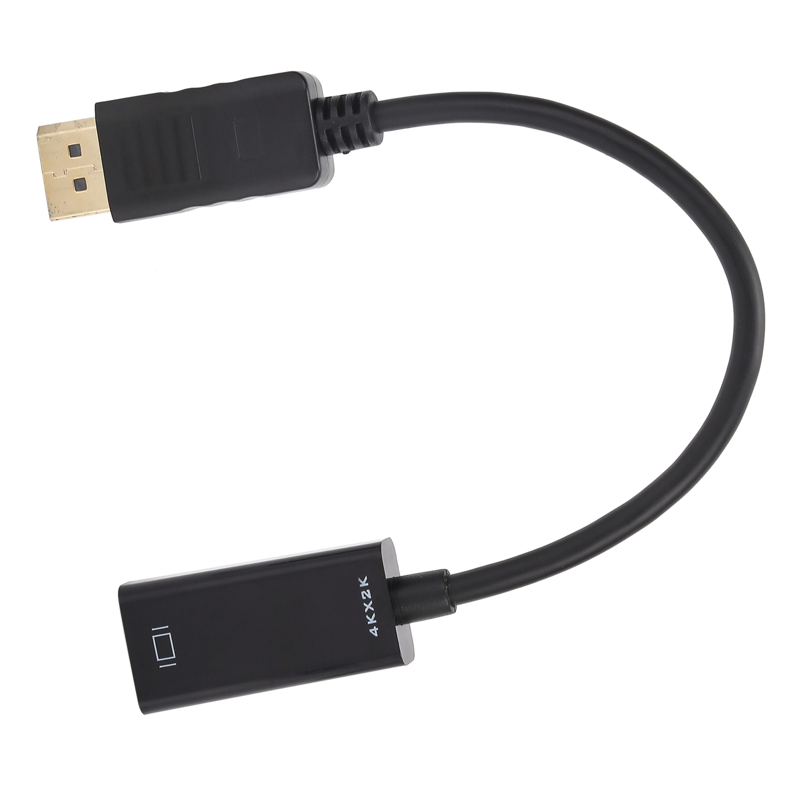 Schwarzes DisplayPort-zu-HDMI-Adapterkabel. Ein Ende DisplayPort, das andere HDMI, mit schwarzem Kabel.