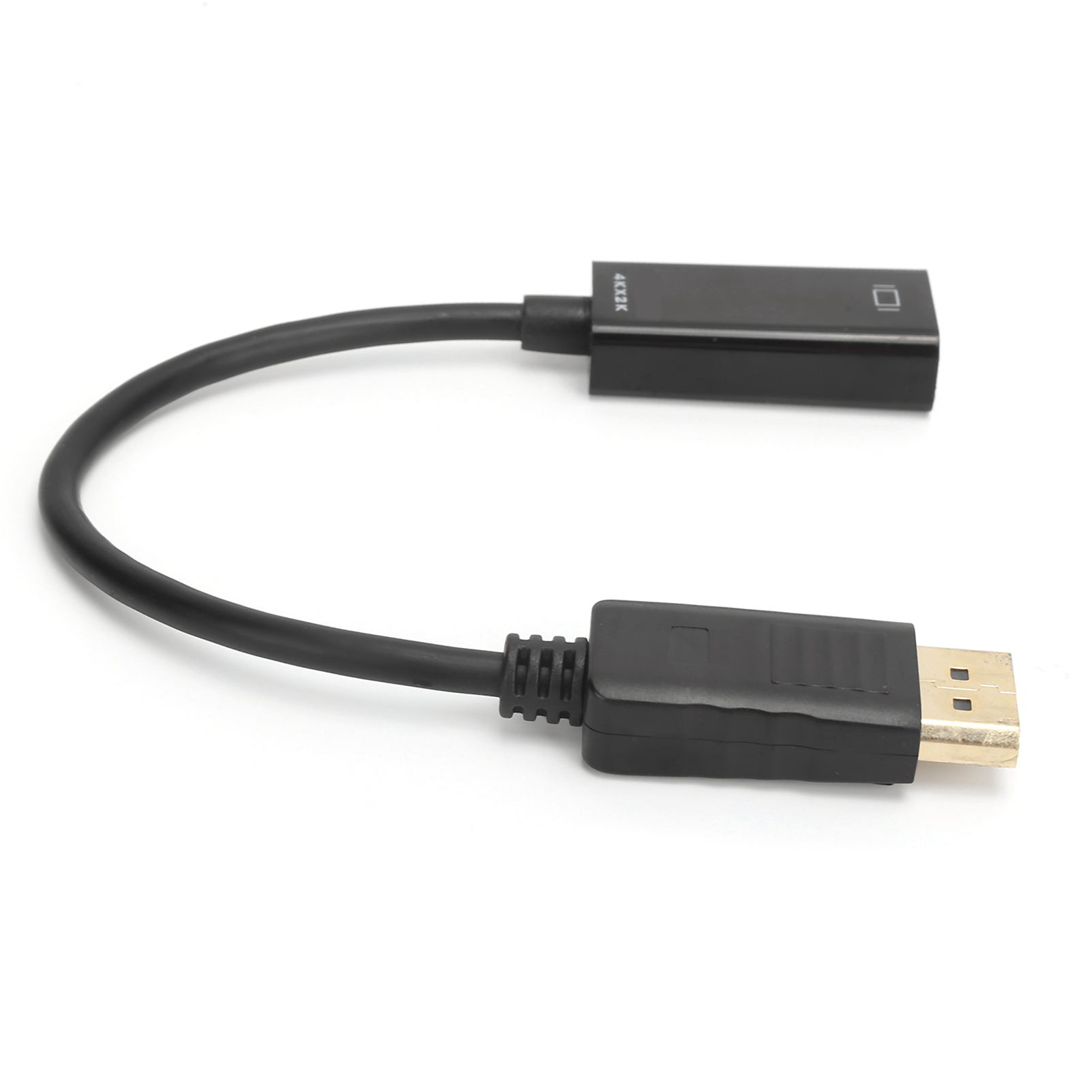 Schwarzes DisplayPort-zu-HDMI-Adapterkabel. Weißer Hintergrund.