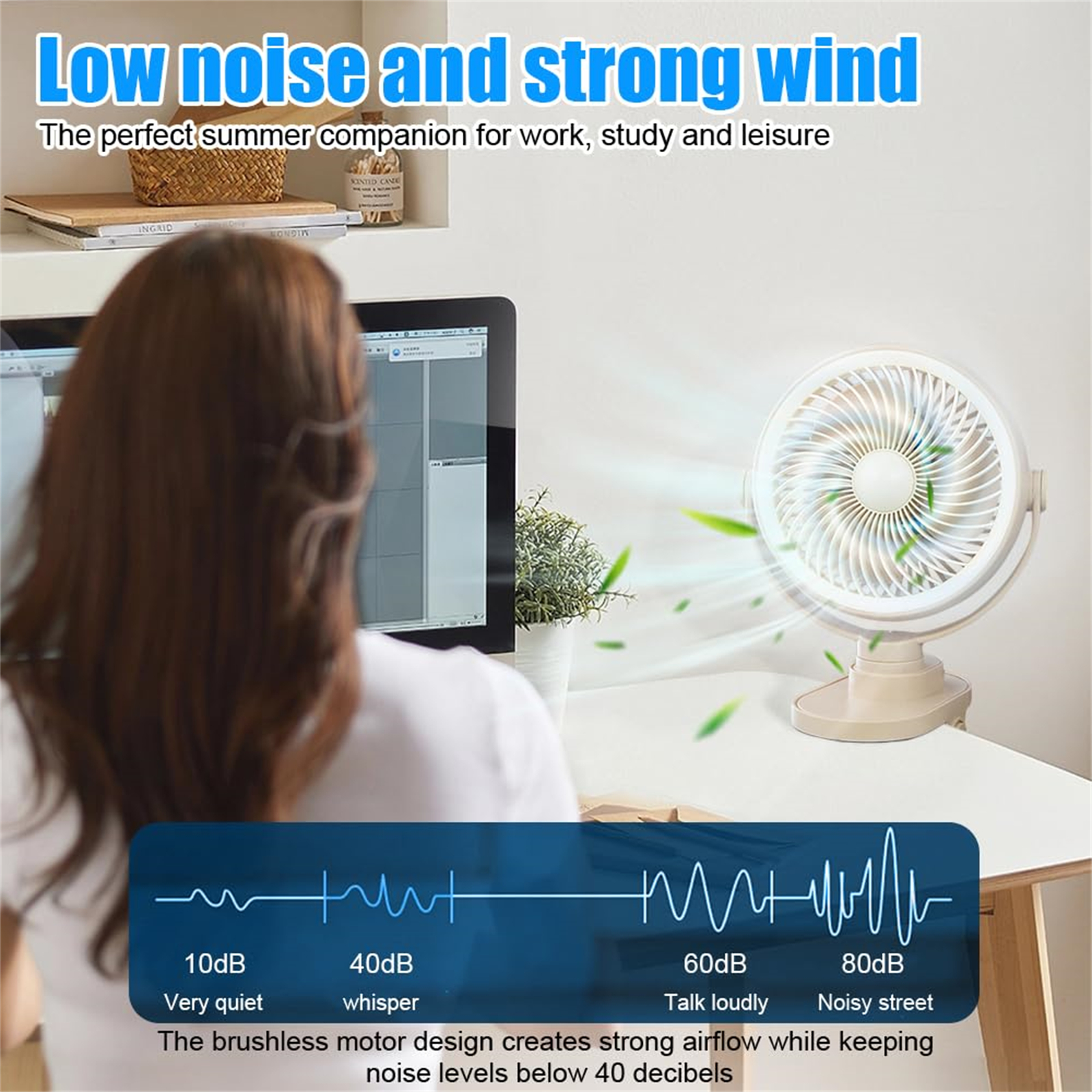 Eine entspannte Frau sitzt. Ein Ventilator steht auf einem Tisch, mit einem Ventilator. Der Ventilator ist an.