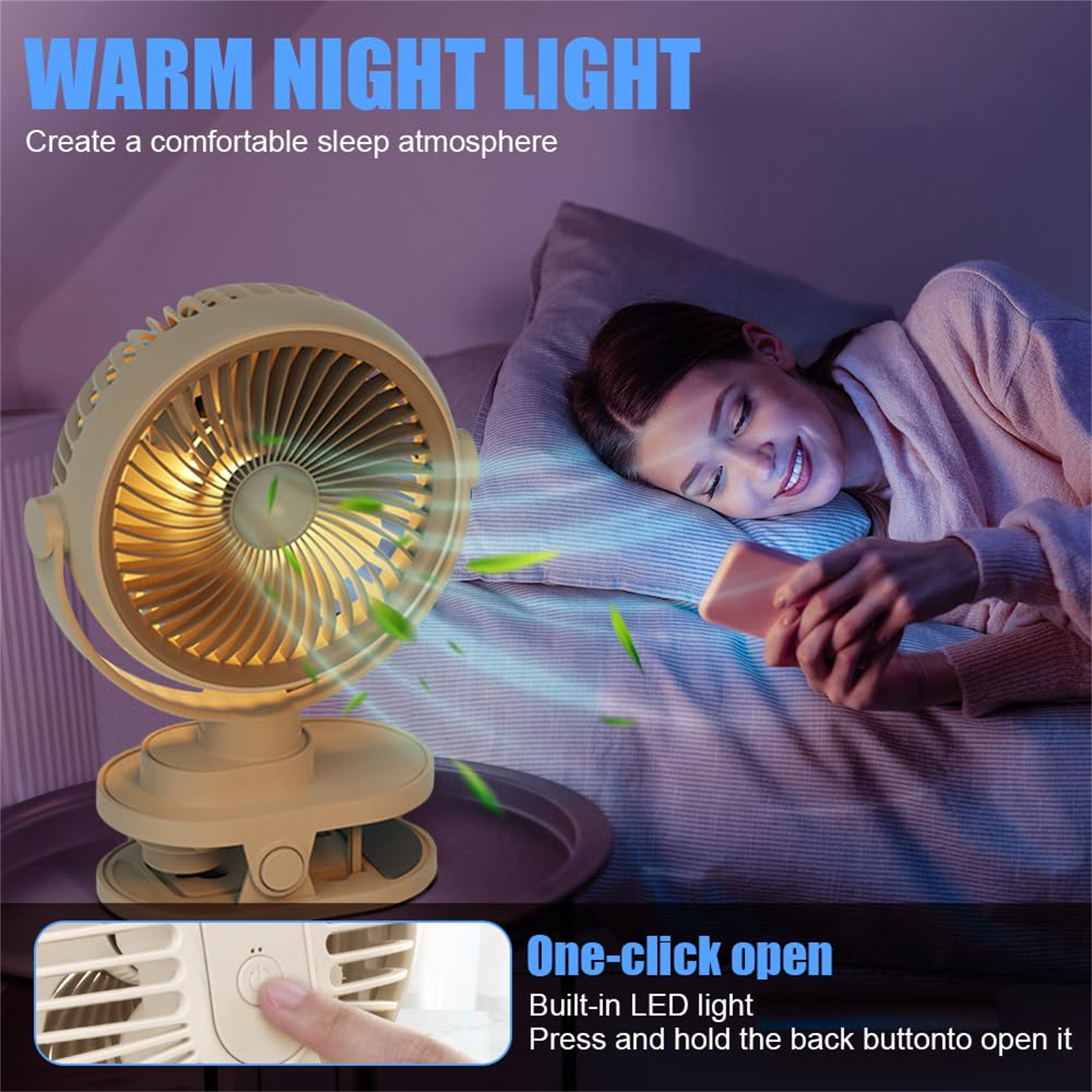 Ein Ventilator steht auf einem Tisch, eine Frau liegt im Bett mit einem Telefon. Die Szene ist beleuchtet.