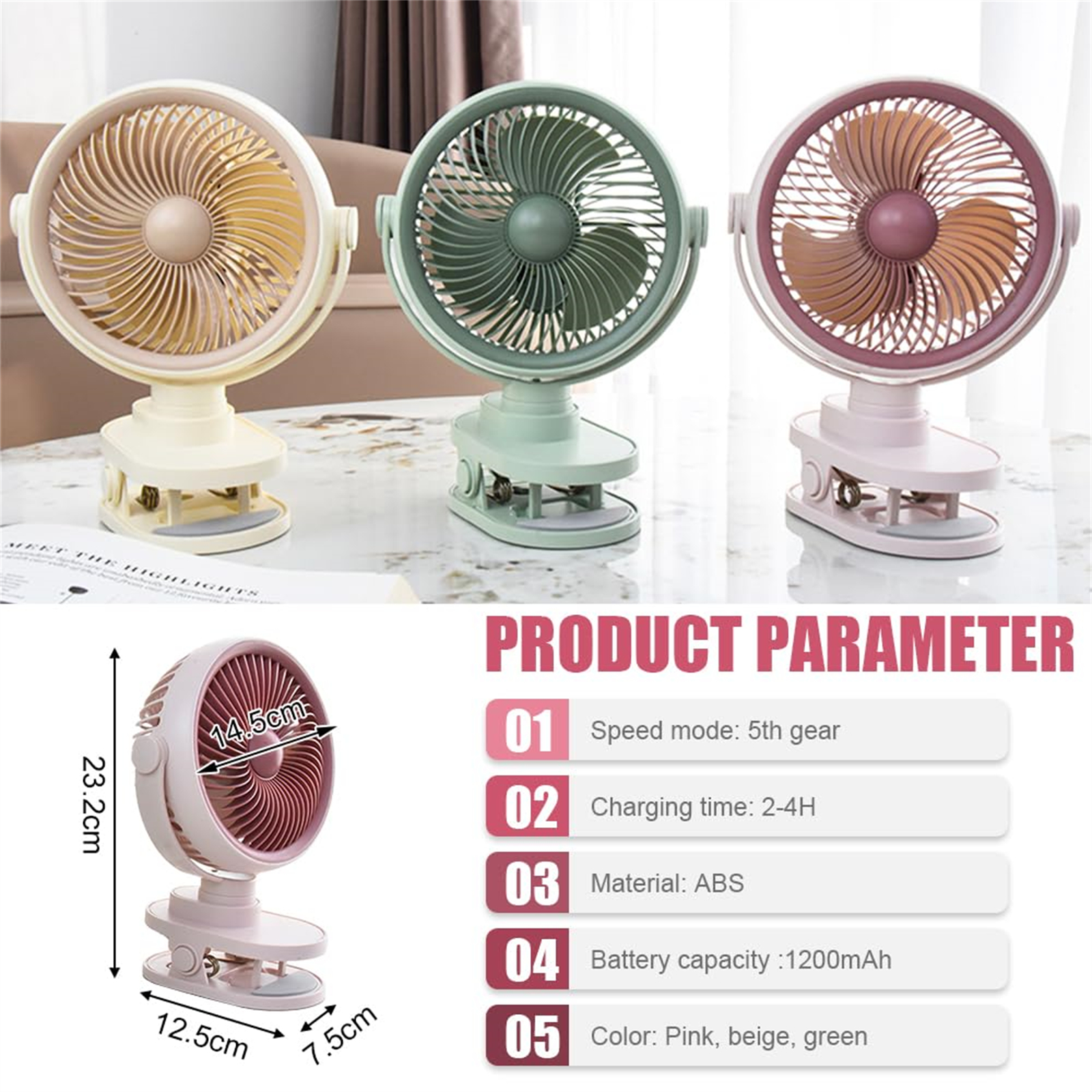 Drei Ventilatoren in verschiedenen Farben (rosa, grün, beige) mit Produktparametern, Abmessungen und Funktionen.
