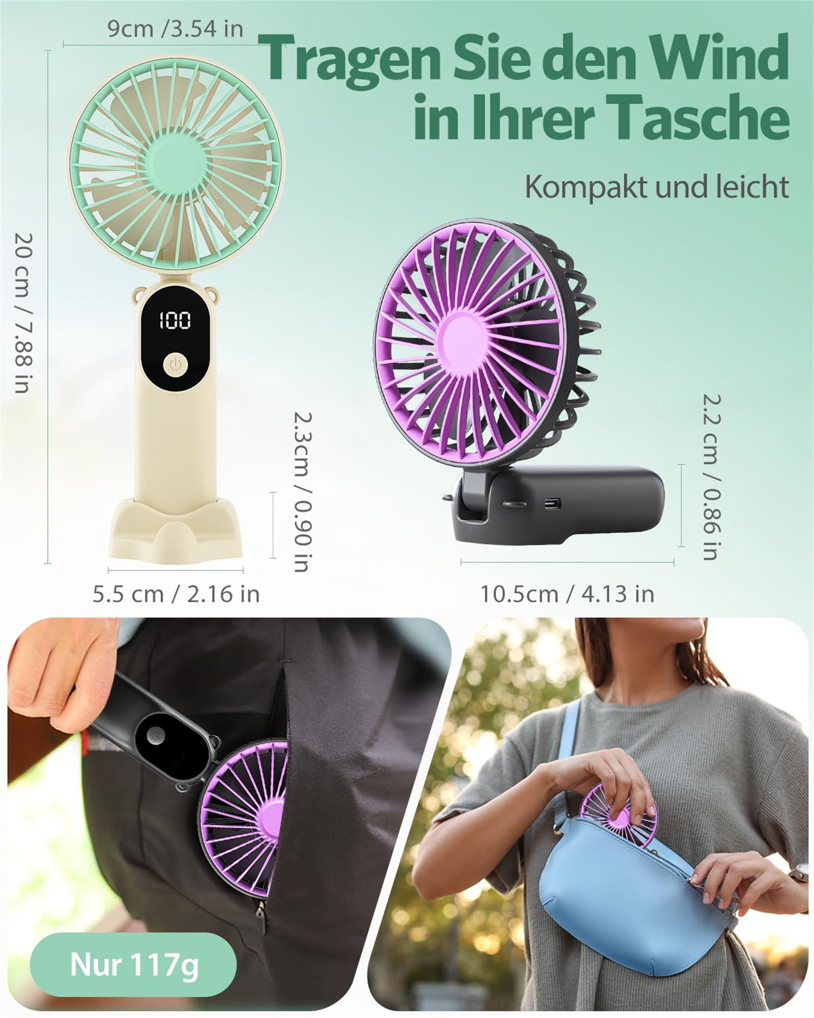 Tragbare Ventilatoren mit Abmessungen. Beiger und grüner Ventilator gezeigt. Text 'Tragen Sie den Wind in Ihrer Tasche'. Frau benutzt Ventilator.