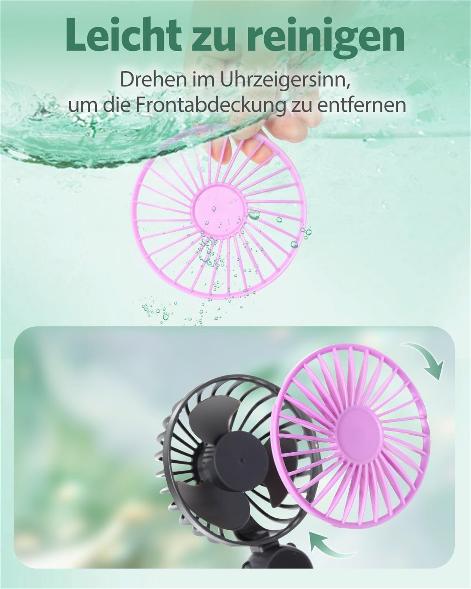 Lüfter zerlegt. Rosa Lüfterflügel im Wasser, schwarze Lüfterbasis und -flügel getrennt. Text sagt 'Leicht zu reinigen'.