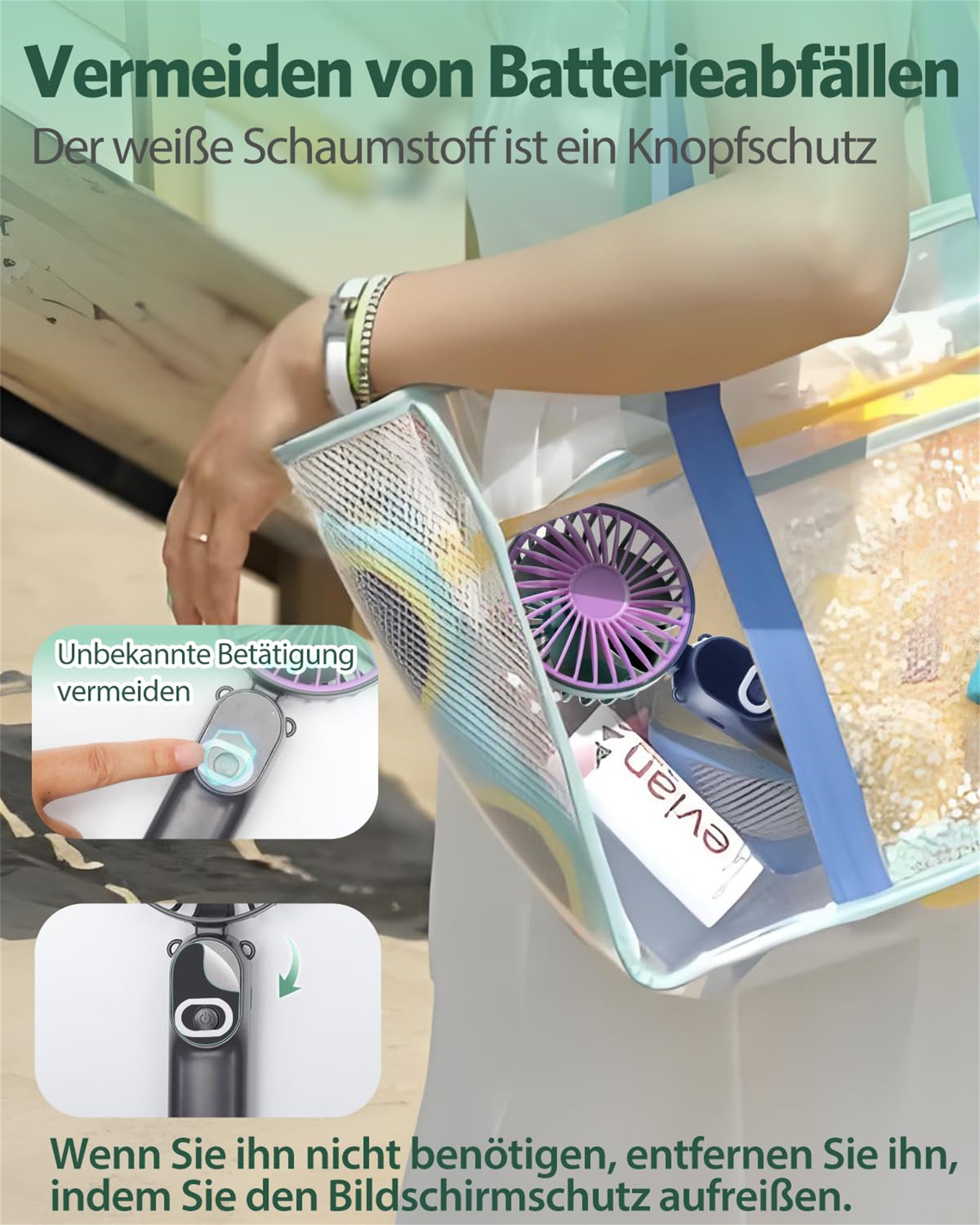 Frau mit Ventilator in klarer Tasche. Text 'Vermeiden von Batterieabfällen'. Ventilator und andere Gegenstände in der Tasche. Andere Bilder.