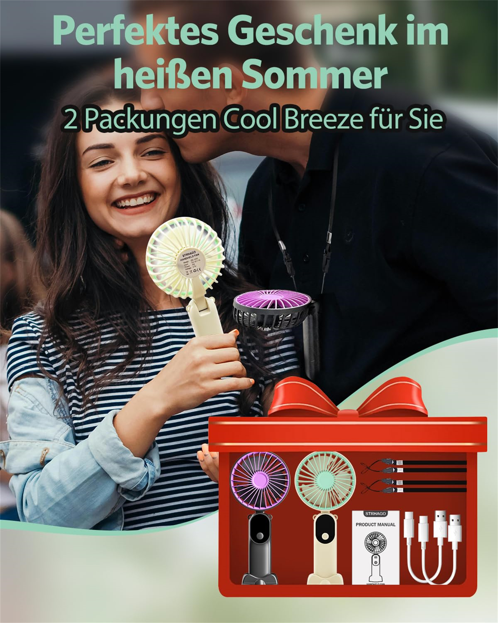 Eine Frau und ein Mann tauschen eine Geschenkbox aus, in der sich zwei kleine Ventilatoren befinden. Sommerthema.