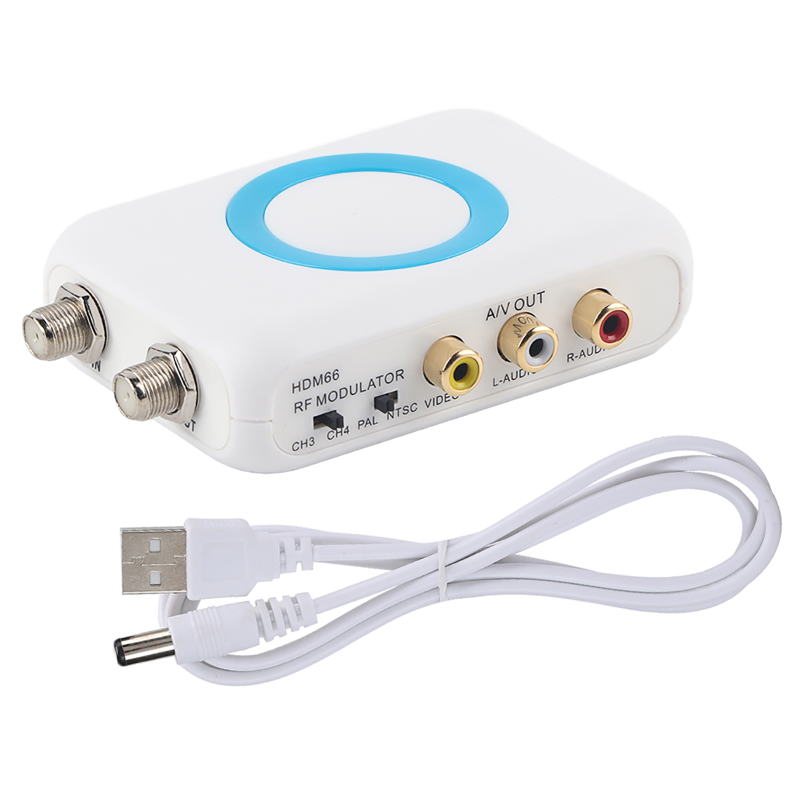Weißer HF-Modulator mit blauem Ring, Kabel und Anschlüssen. Weißer Hintergrund. Produktaufnahme.